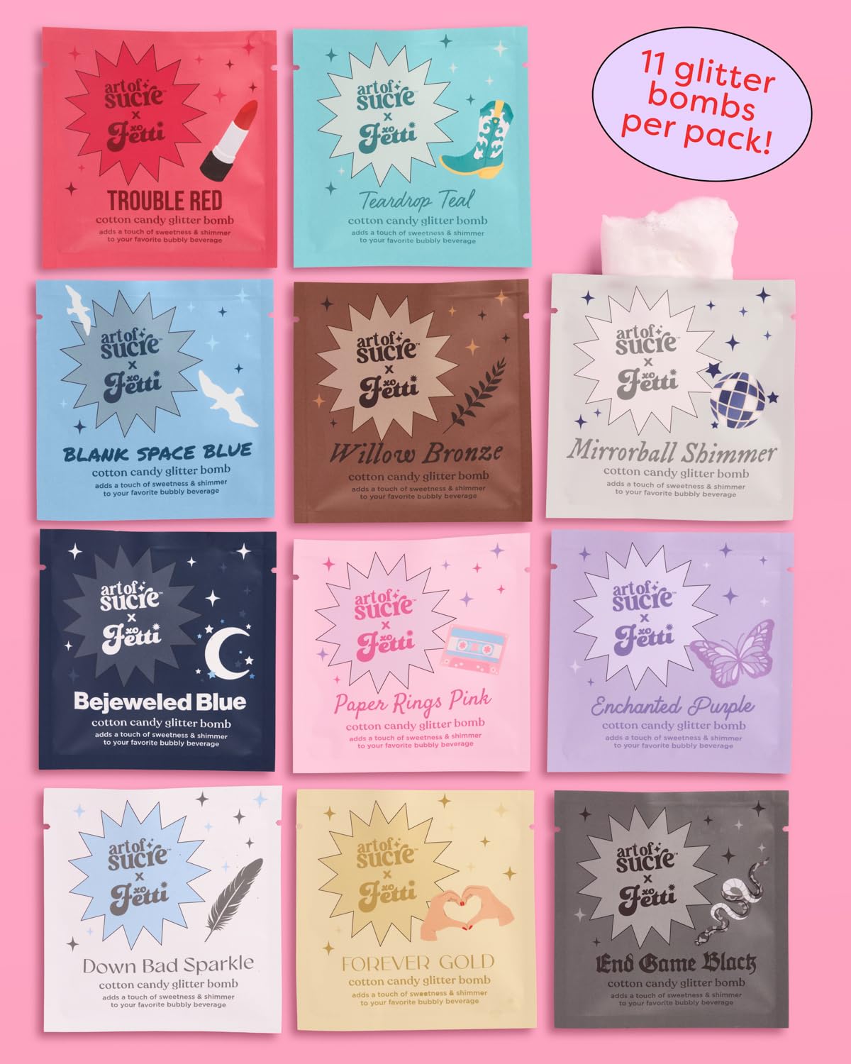 xo, Fetti x Art of Sucre Eras Cotton Candy Glitter Drink Bombs - 11 pc, Edible Glitter | Bachelorette Decorations, Birthday Party Favor, Concert