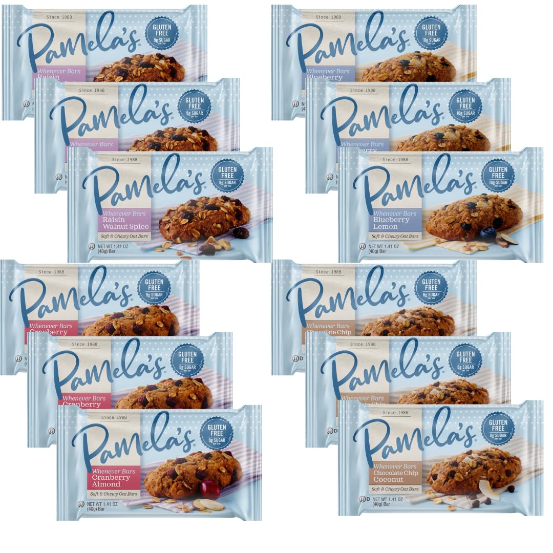Pamela’s Whenever Snack Bars Variety Pack, 12 Count (4 Flavors, 3 Each) - Almond Cranberry, Raisin Walnut, Blueberry Lemon & Coconut Chocolate Chip