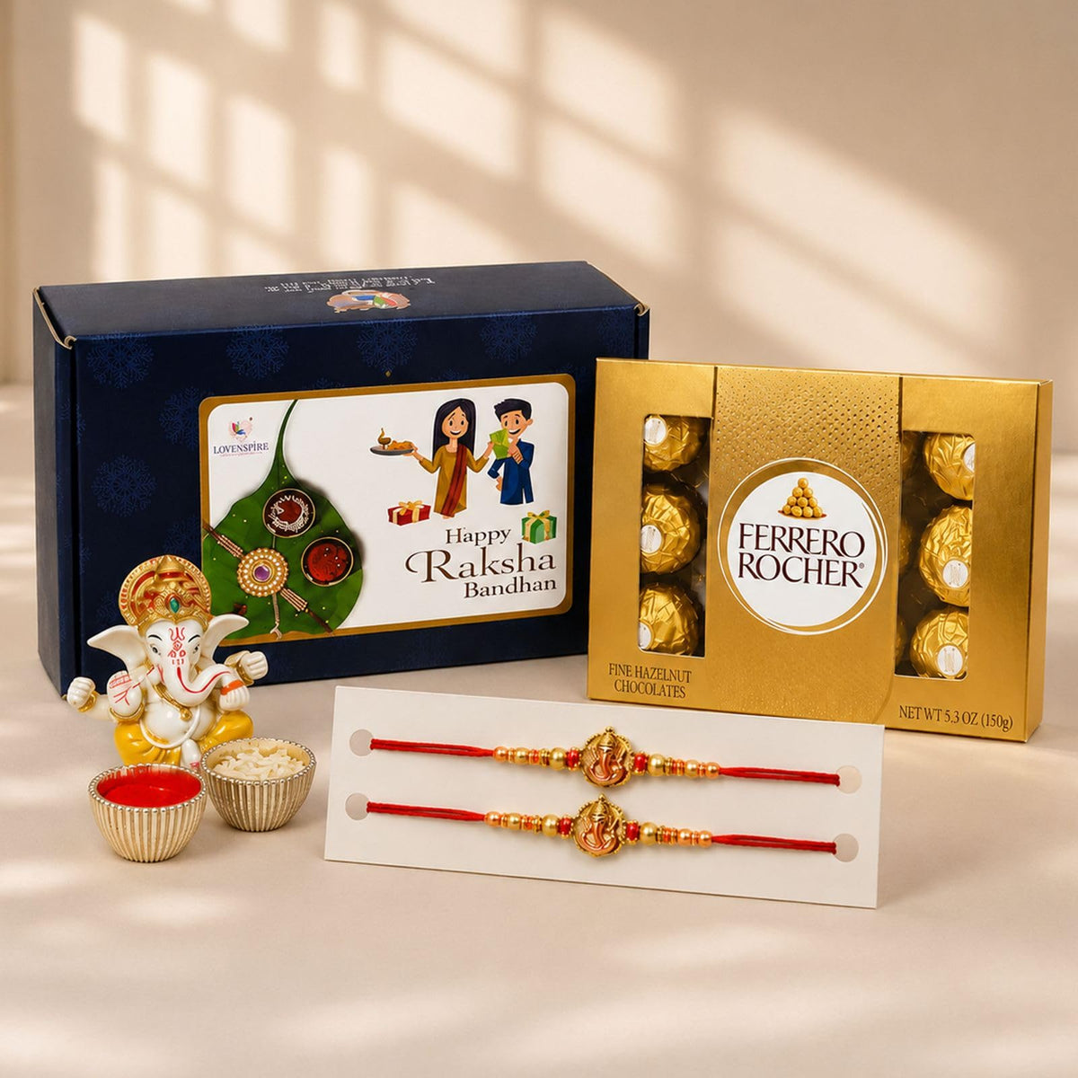 LoveNspire Raksha Bandhan Gift Hamper for Brother & Bhabhi - Includes 2 Designer Rakhi Bracelets, Ganesha Idol, Roli Chawal & Gift Box, Symbolizing
