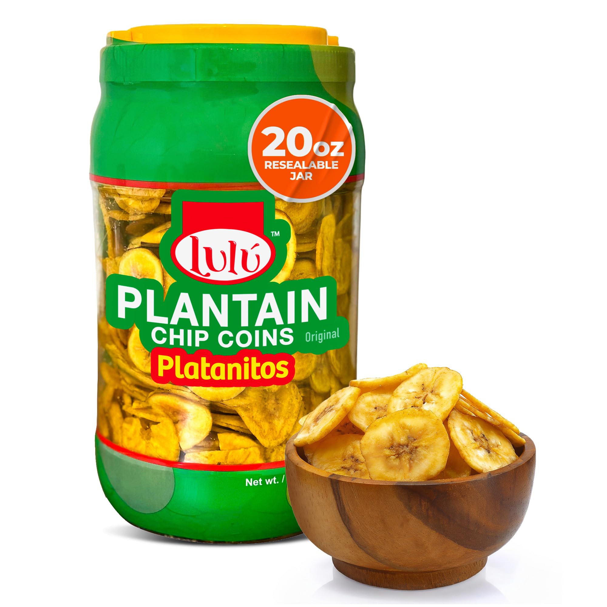 LULU Plantain Chip Coins - Original Flavor, 20 oz Jar - Crunchy Plantain Slices - No Artificial Colors or Preservatives - Ready-to-Eat Snack