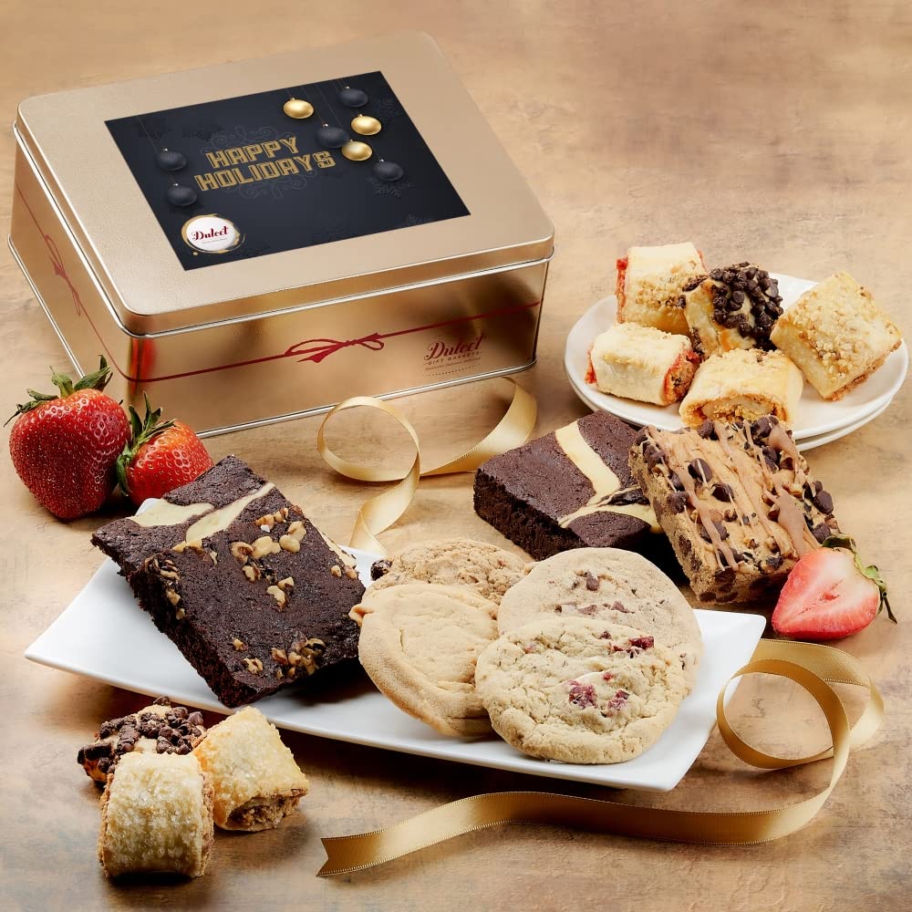 Dulcet Gift Basket Gourmet Brownie and Cookie Snack Signature Gift Basket-Includes a Variety of Pastries in an Elegant Hand Assembled Tin Box, Great