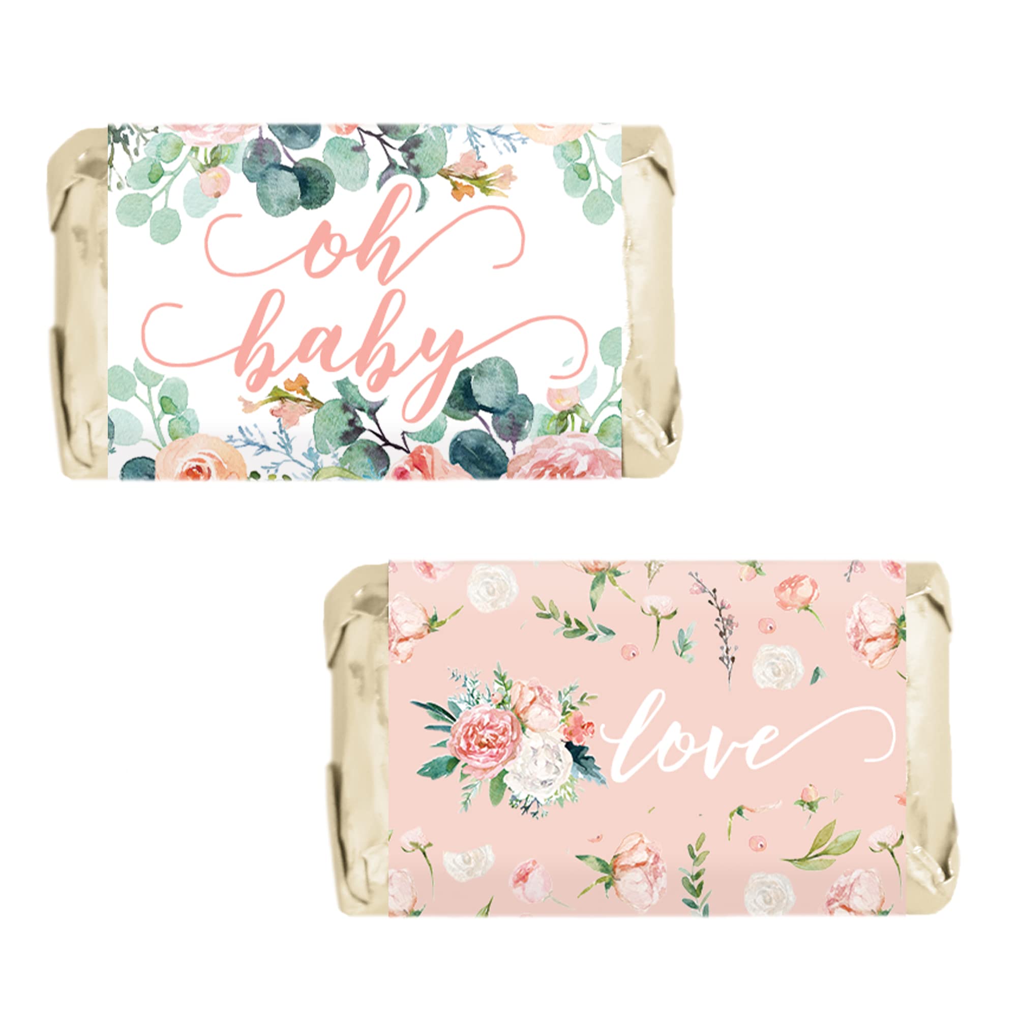 Baby in Bloom Baby Shower Favor Stickers for Miniature Chocolates, Pink Floral Boho Girl Candy Wrappers - 42 Count