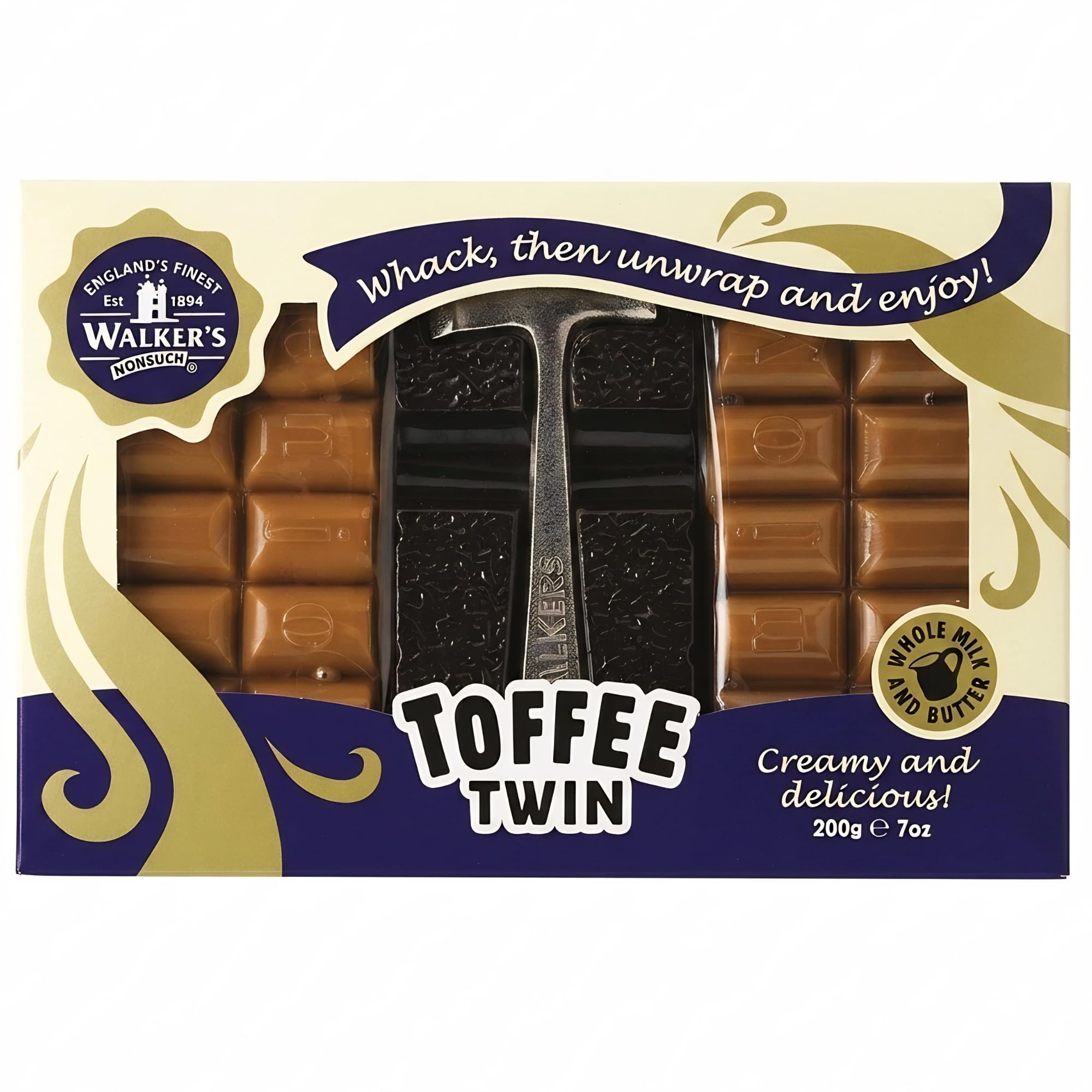 Walkers Nonsuch Twin Toffee Hammer Pack, 7 oz (200g) - Original Creamy English Hard Toffee Candy Bars with Hammer, Traditional British Sweets Novelty