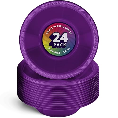 DecorRack 24 Small Plastic Bowls, 7 inch Disposable 12 oz Serving Bowl, Fruit Snack, Popcorn, Soup, and Salad, Kids Birthday and Holiday Party