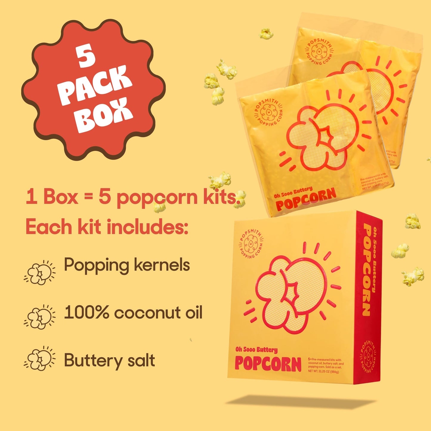 Popsmith Popcorn Pre-Measured Kits - Five 4-oz Buttery Popcorn Kits with Butter Flavored Coconut Oil & Buttery Salt. Authentic Movie Theater Flavor.