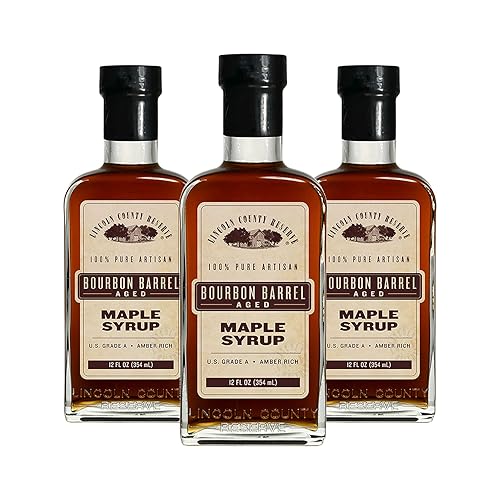 Bourbon Barrel Aged Maple Syrup, Gluten Free Maple Syrup Grade A Amber Rich Taste in Sustainable 12 oz. Glass Bottles, American Made Maple Syrup