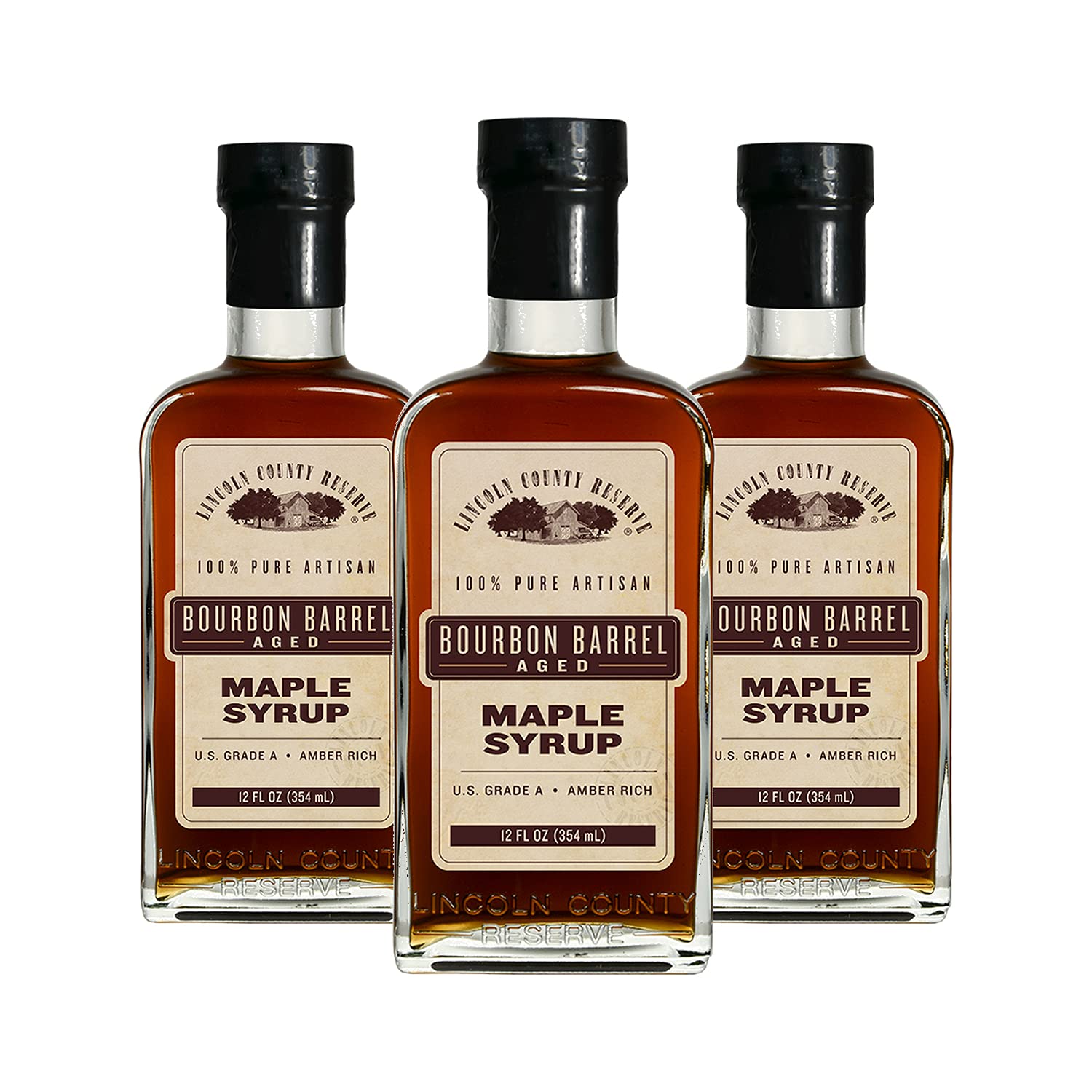 Bourbon Barrel Aged Maple Syrup, Gluten Free Maple Syrup Grade A Amber Rich Taste in Sustainable 12 oz. Glass Bottles, American Made Maple Syrup