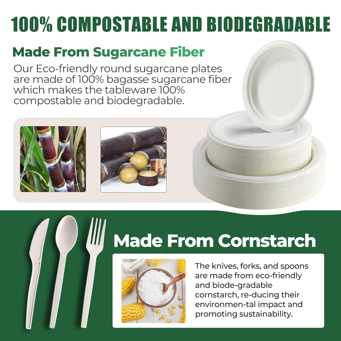 250 Pcs Biodegradable Paper Plates Set Disposable Dinnerware Set, Eco Friendly Compostable (EXTRA LONG UTENSILS), Utensil include, Forks, Knives