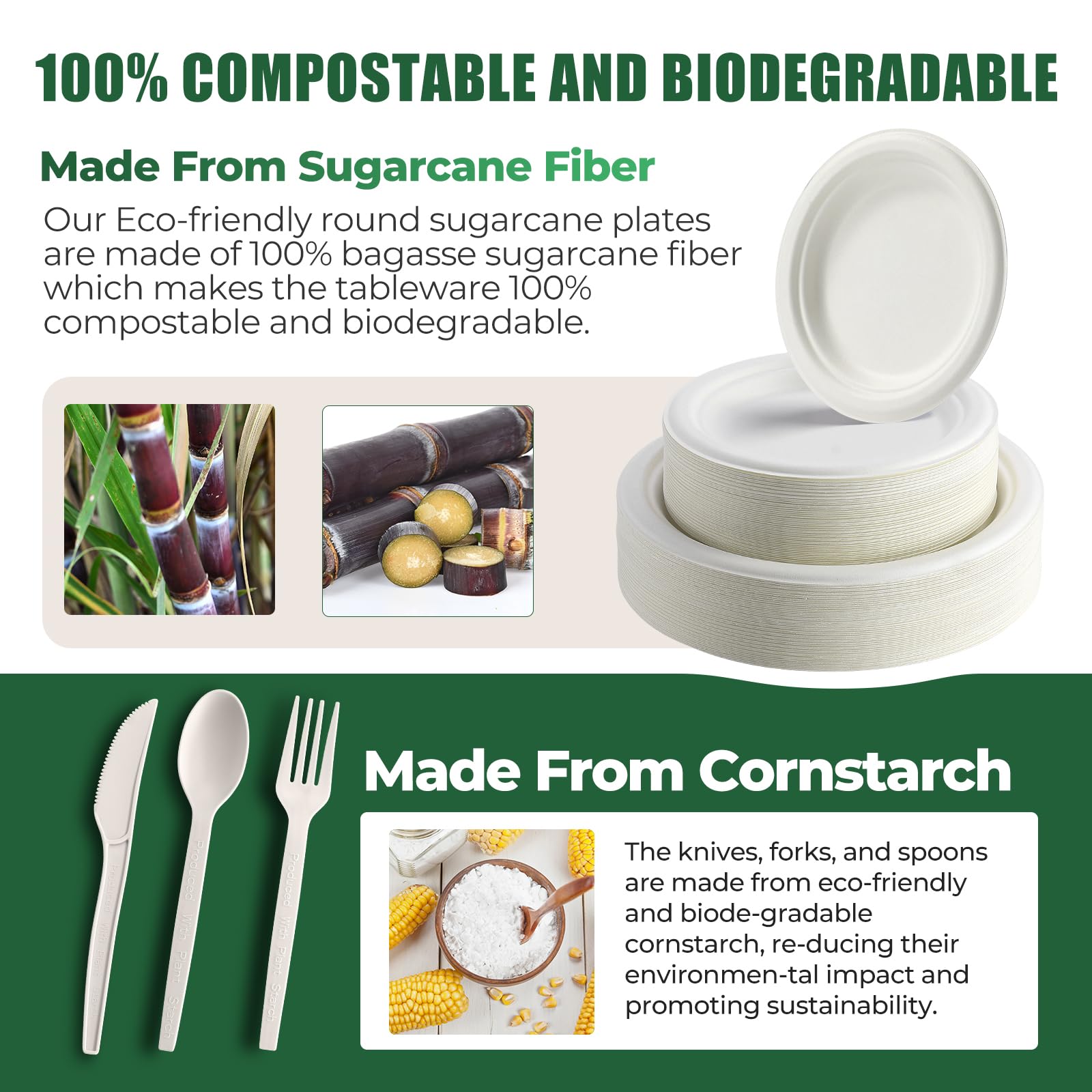 250 Pcs Biodegradable Paper Plates Set Disposable Dinnerware Set, Eco Friendly Compostable (EXTRA LONG UTENSILS), Utensil include, Forks, Knives