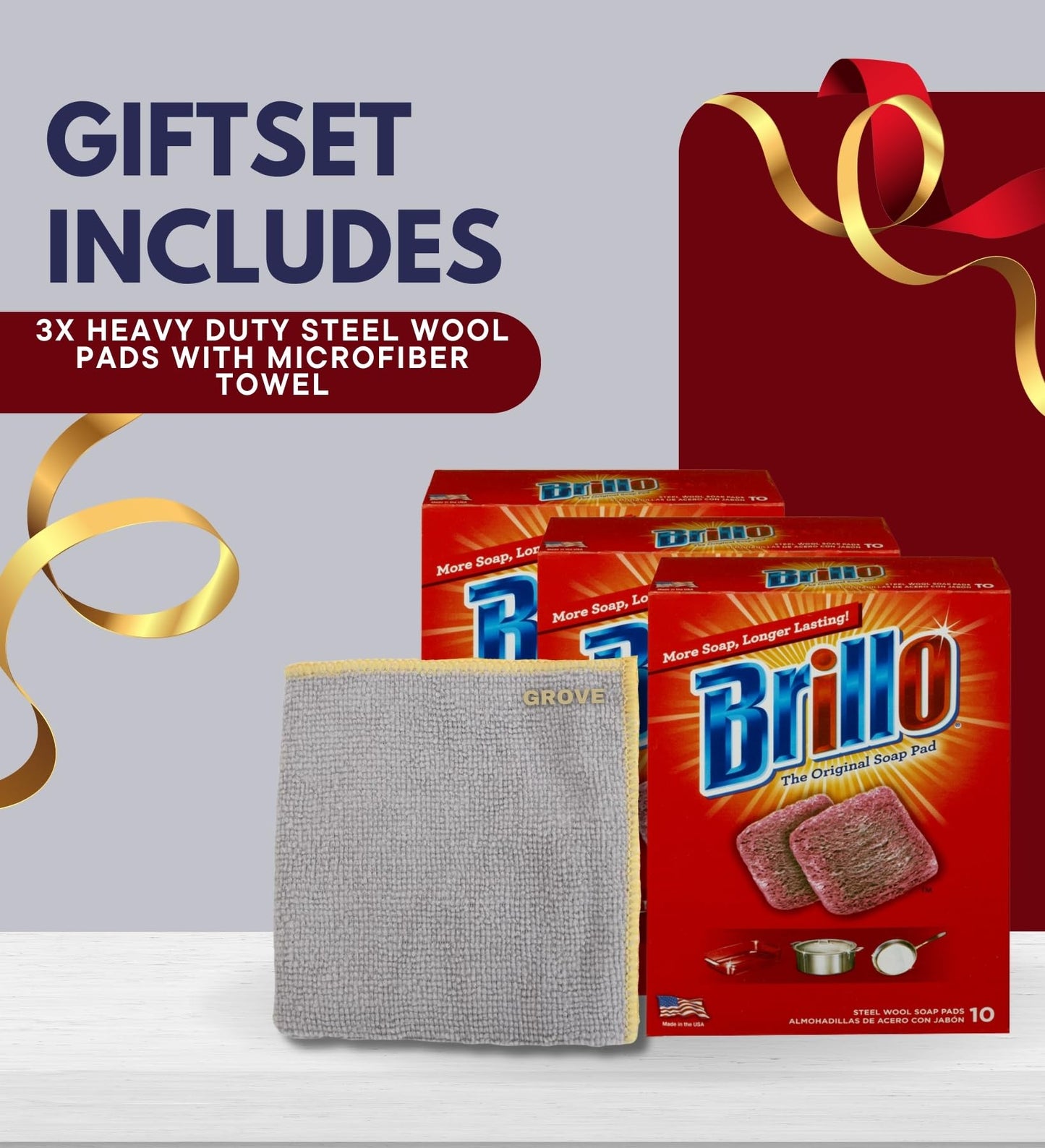 Brillo Heavy Duty Steel Wool Pads 10 pc Bundle with Microfiber Cloth - Tough Grease and Grime Remover - Steel Wool Soap Pads for Heavy Duty Cleaning