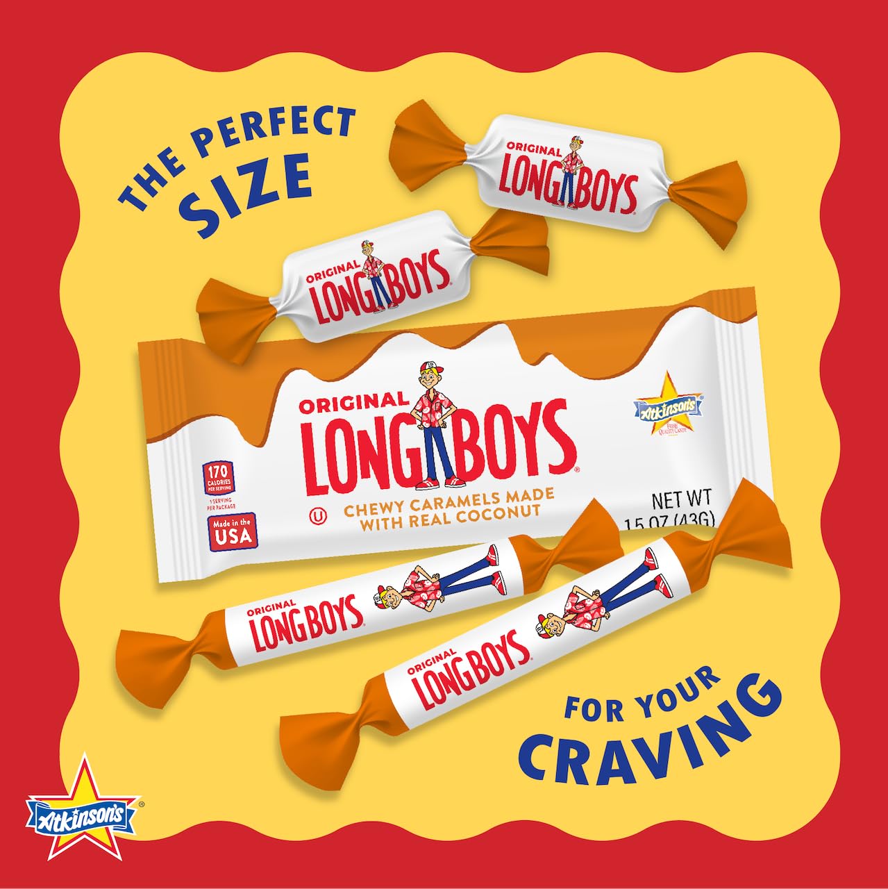 Atkinson's Long Boys Coconut Creamy Caramel Candy Bar 1.5oz 24ct Pack