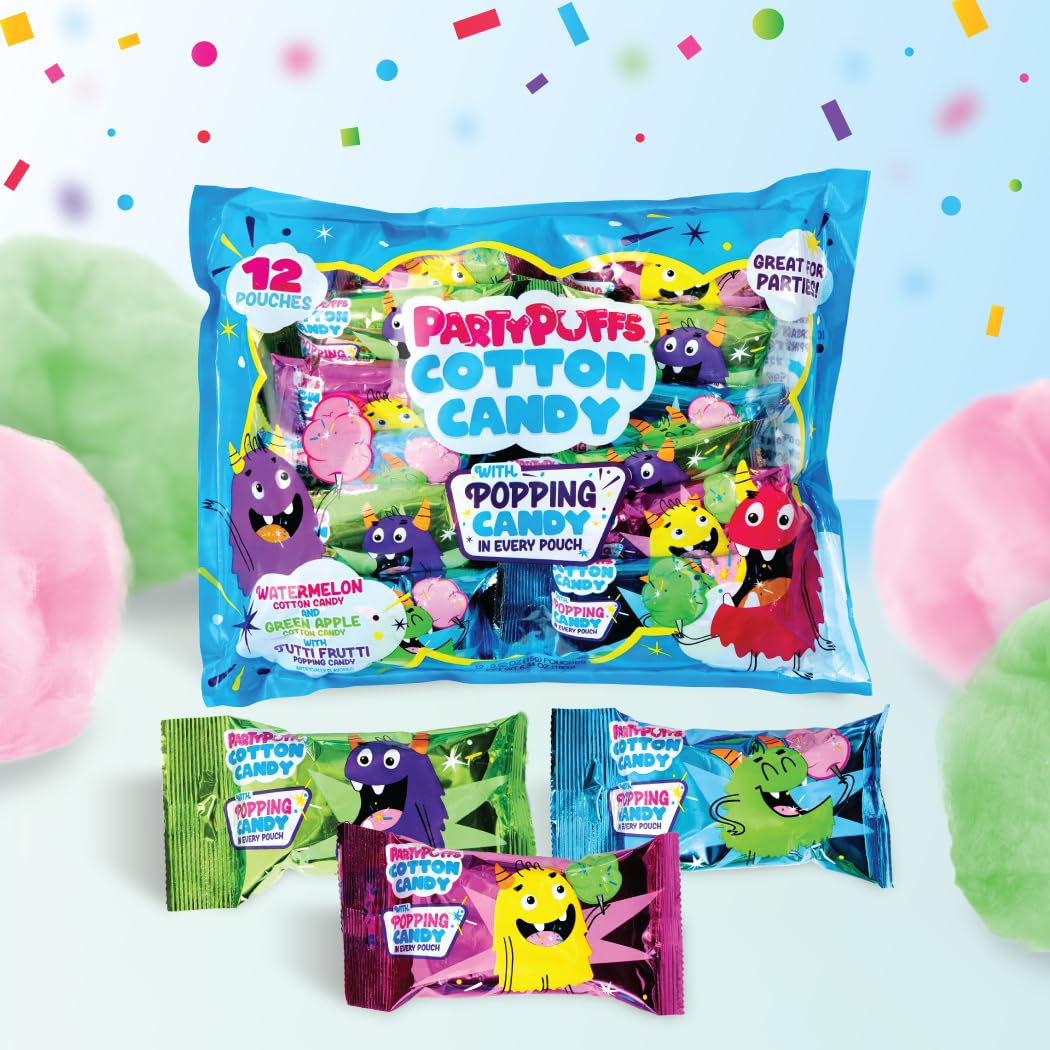 PartyPuffs Cotton Candy Variety Pack with Tutti Frutti Popping Candy - 12 Individually Wrapped .5oz Bags - Watermelon & Green Apple Flavors - Fun