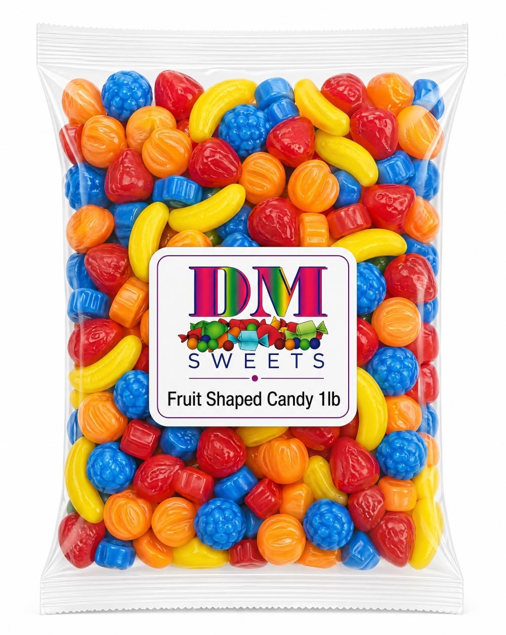 Fruit Shaped Hard Crunchy Candy - 1 lb Bulk Bag Banana Strawberry Peach Blueberry Assorted Chewy Sweet Mix. Great for Vending Machines