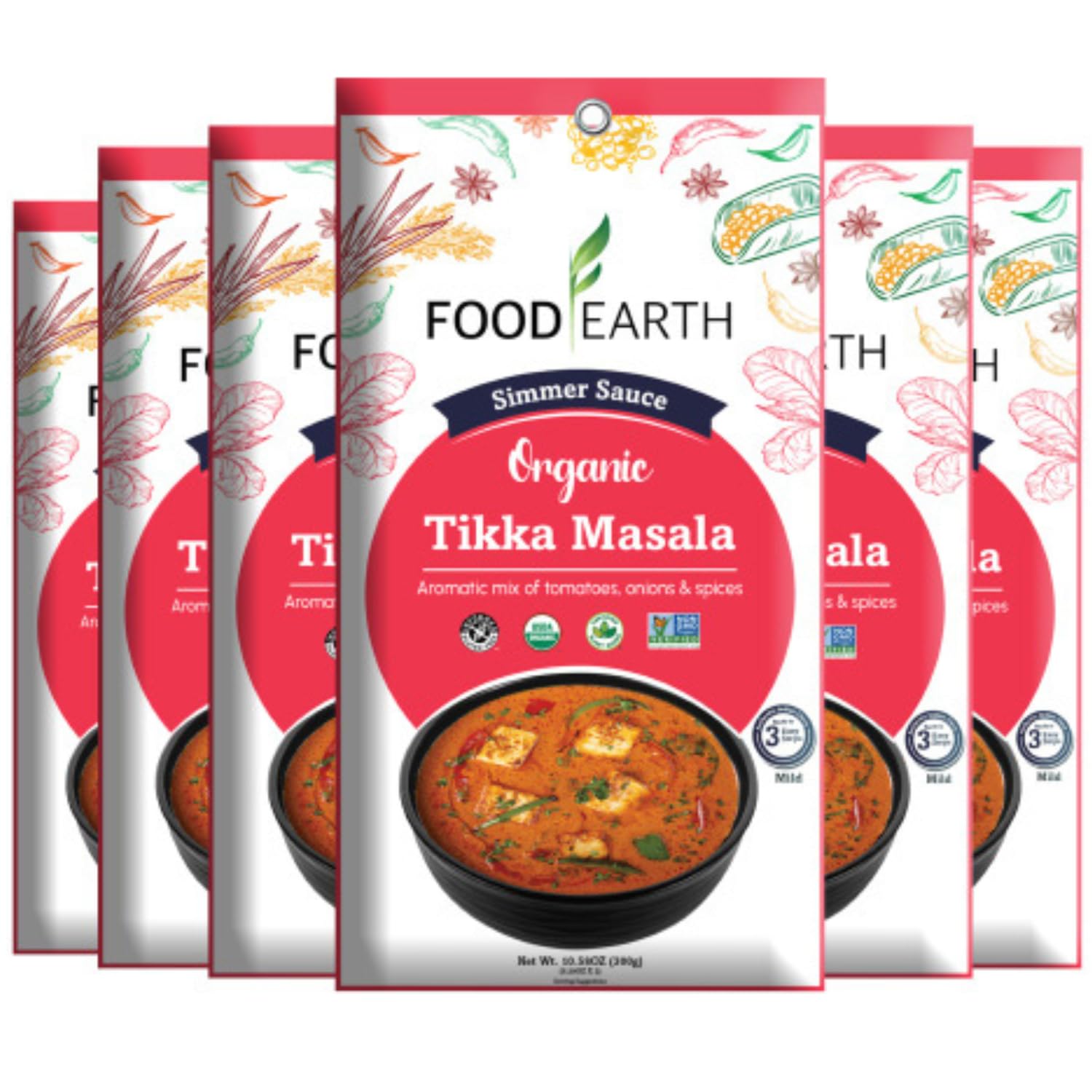 Food Earth Indian Simmer Sauce - Tikka Masala - Organic, Vegan, Gluten-Free, GMO-Free - Microwavable Cooking Sauce - 12 Pouches (5.29 oz Each)