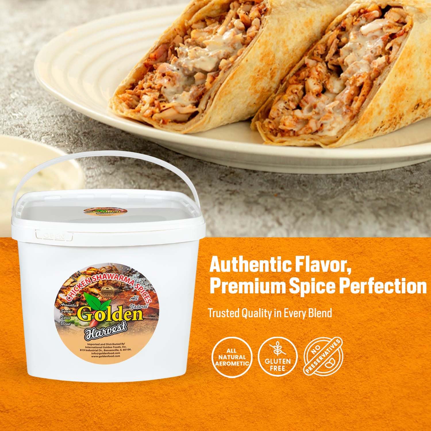 Golden Harvest Chicken Shawarma Spices | 5 lbs (2.26kg) Bulk Bucket | Authentic Middle Eastern Seasoning | Halal All-Natural Spice Blend