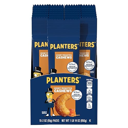 PLANTERS Deluxe Honey Roasted Whole Cashews, Party Snacks, Plant-based Protein, 2 oz Bags (Pack of 15)