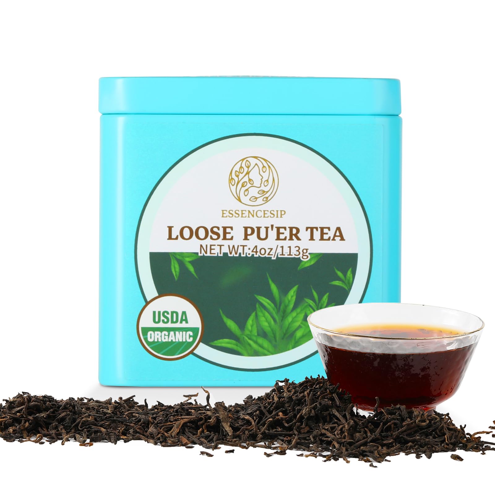 Essencesip Ripe Puerh Tea Loose Leaf, 4oz Tin - Aged Fermented Organic pu-erh Tea with Earthy Richness, Smooth Mellow Finish, Crafted for Hot Brewing