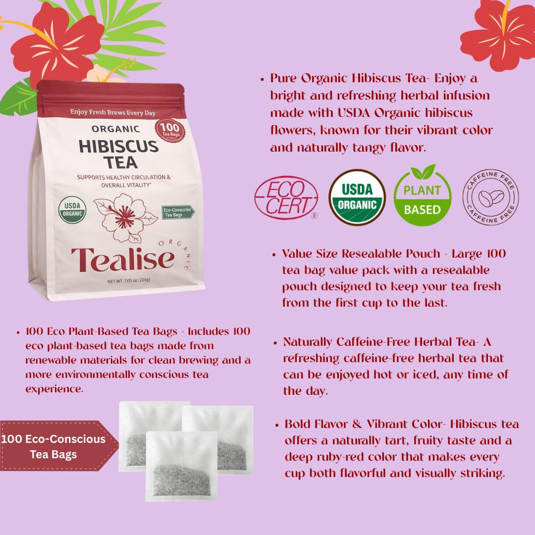 Organic Hibiscus Tea Bags - 100 Plant-Based Tea Bags - Hibiscus Flower Herbal Tea - Caffeine Free Herbal Tea - USDA Organic - Tealise