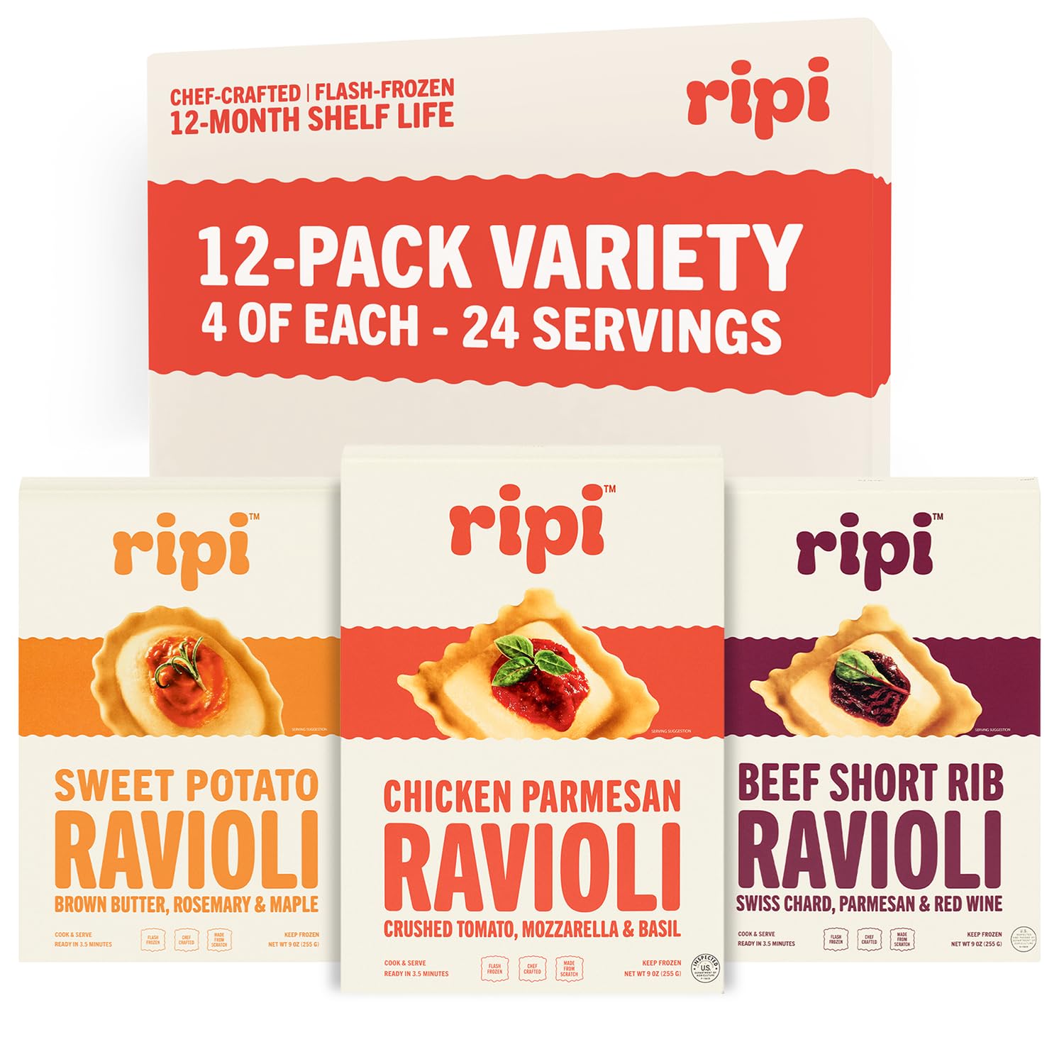 Ripi Frozen Ravioli - Frozen Pasta Meals - Chicken Parmesan, Braised Short Rib, Sweet Potato - Ready in Under 5 Minutes, 9oz Packs (12 Pack, Variety)
