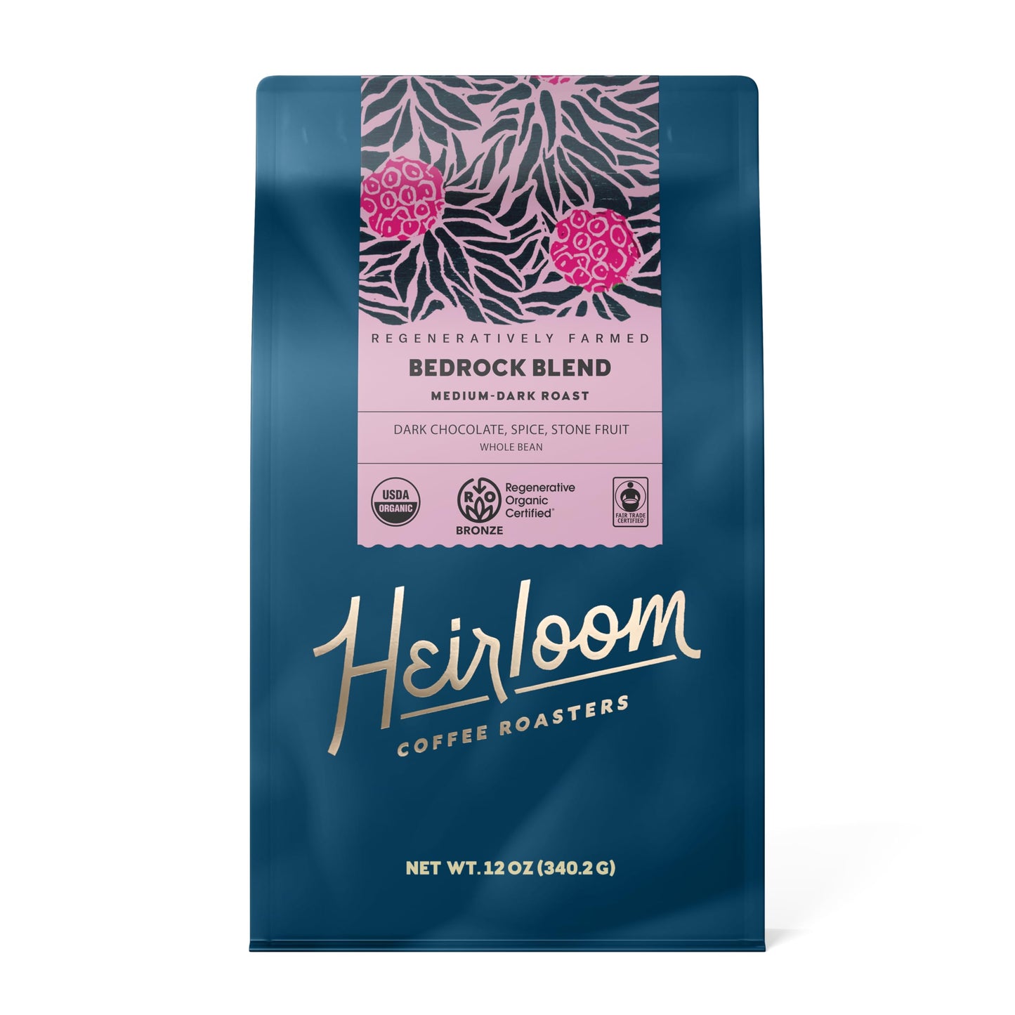 Heirloom Coffee Roasters - Bedrock Blend - Medium/Dark Roast - Whole Bean Coffee - 100% Regenerative Organic Certified, 12oz