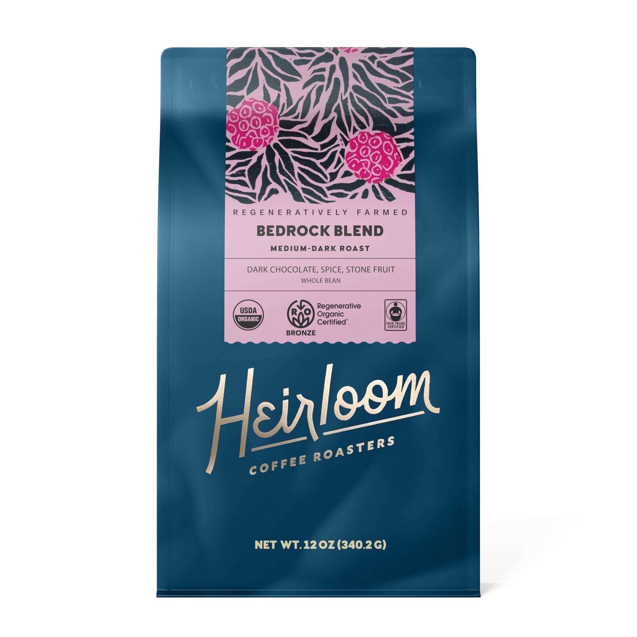 Heirloom Coffee Roasters - Bedrock Blend - Medium/Dark Roast - Whole Bean Coffee - 100% Regenerative Organic Certified, 12oz