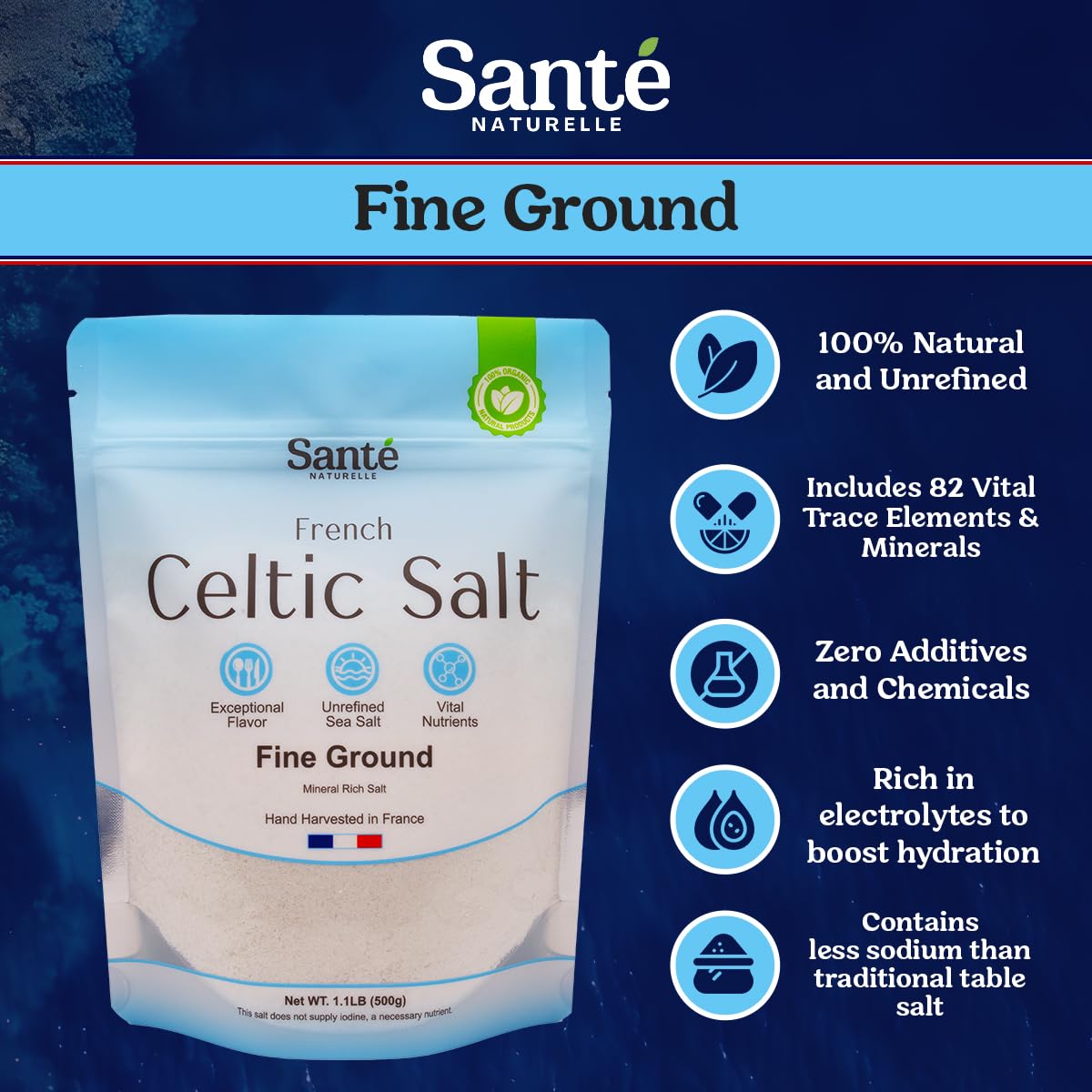 Sante Naturelle Celtic Salt Organic Fine Ground - 1.1lb (18oz) Pack of 3, Unrefined Organic French Sea Salt, Rich in 82+ Minerals Salt, 100% Natural