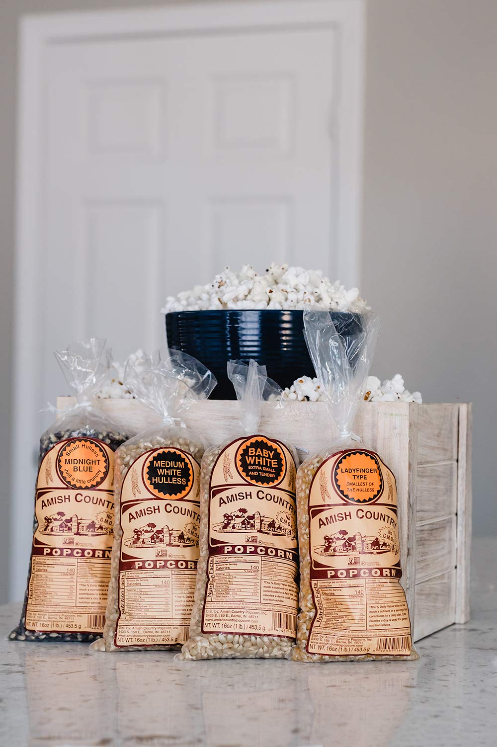 Amish Country Popcorn | 4-1lb Bags | Variety Pack | 1 lb each (Baby White - Medium White - Ladyfinger and Midnight Blue Popcorn Kernels) | Old