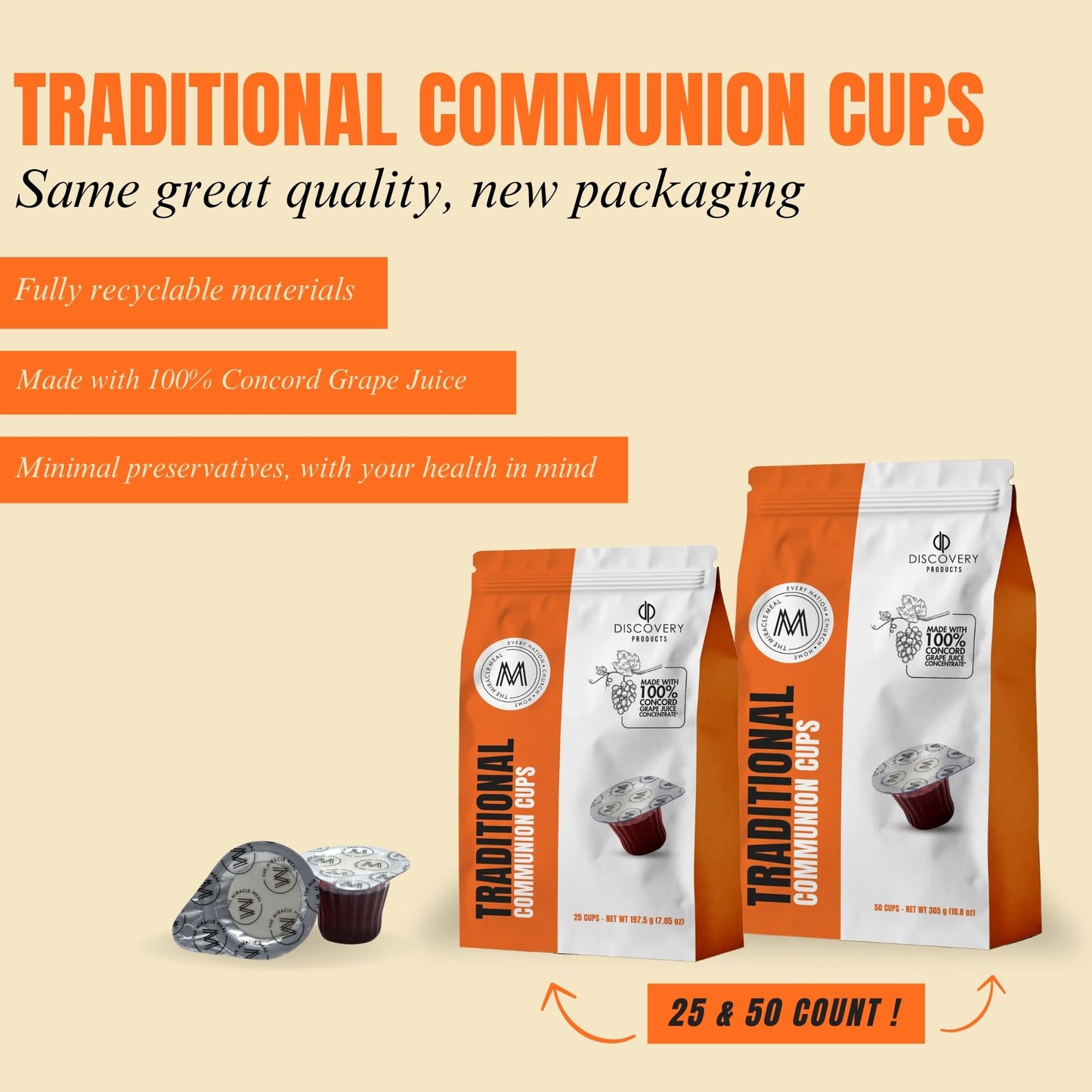 Travel Pack - Pre-Filled Traditional Communion Cup - Bag of 25 with Wafer and 100% Concord Grape Juice
