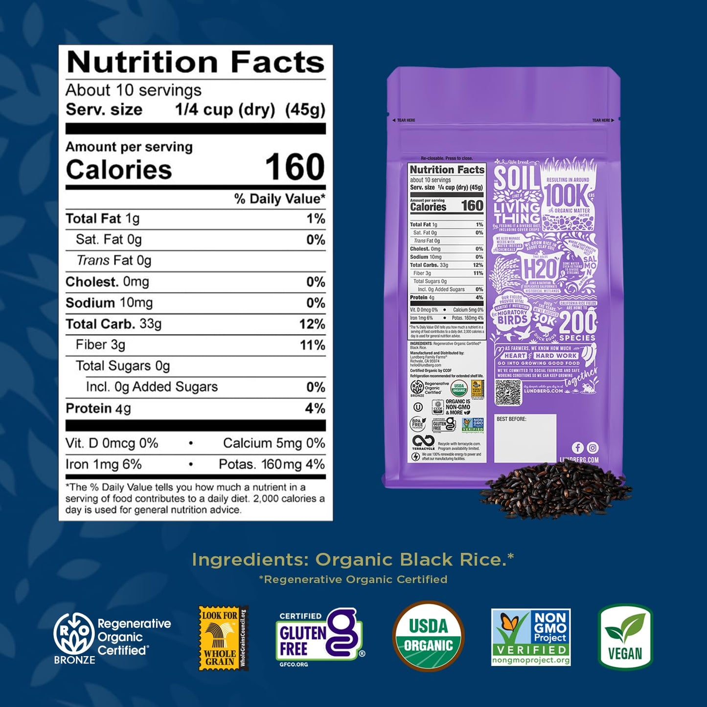 Lundberg Black Pearl Rice, Regenerative Organic Certified, 6-Pack - Full-Bodied Black Rice, Responsibly Grown in California, 16 Oz Ea
