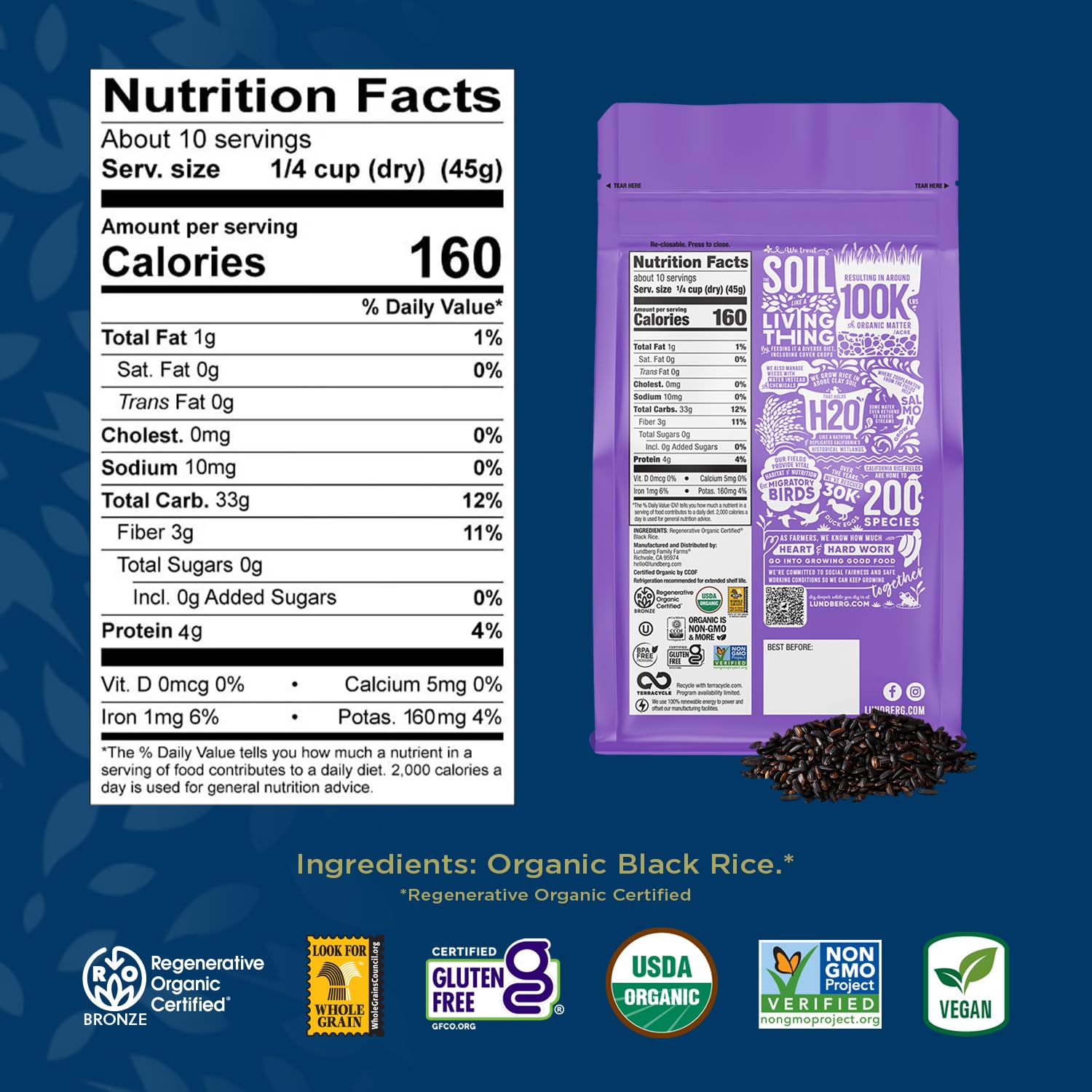 Lundberg Black Pearl Rice, Regenerative Organic Certified - Full-Bodied Black Rice, Responsibly Grown in California, 16 Oz
