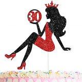 30 Red & Black Sitting Girl Silhouette Cake Topper Decorations with Glamour for Lady 30 Birthday Theme Queen Sexy Party Decor Supplies