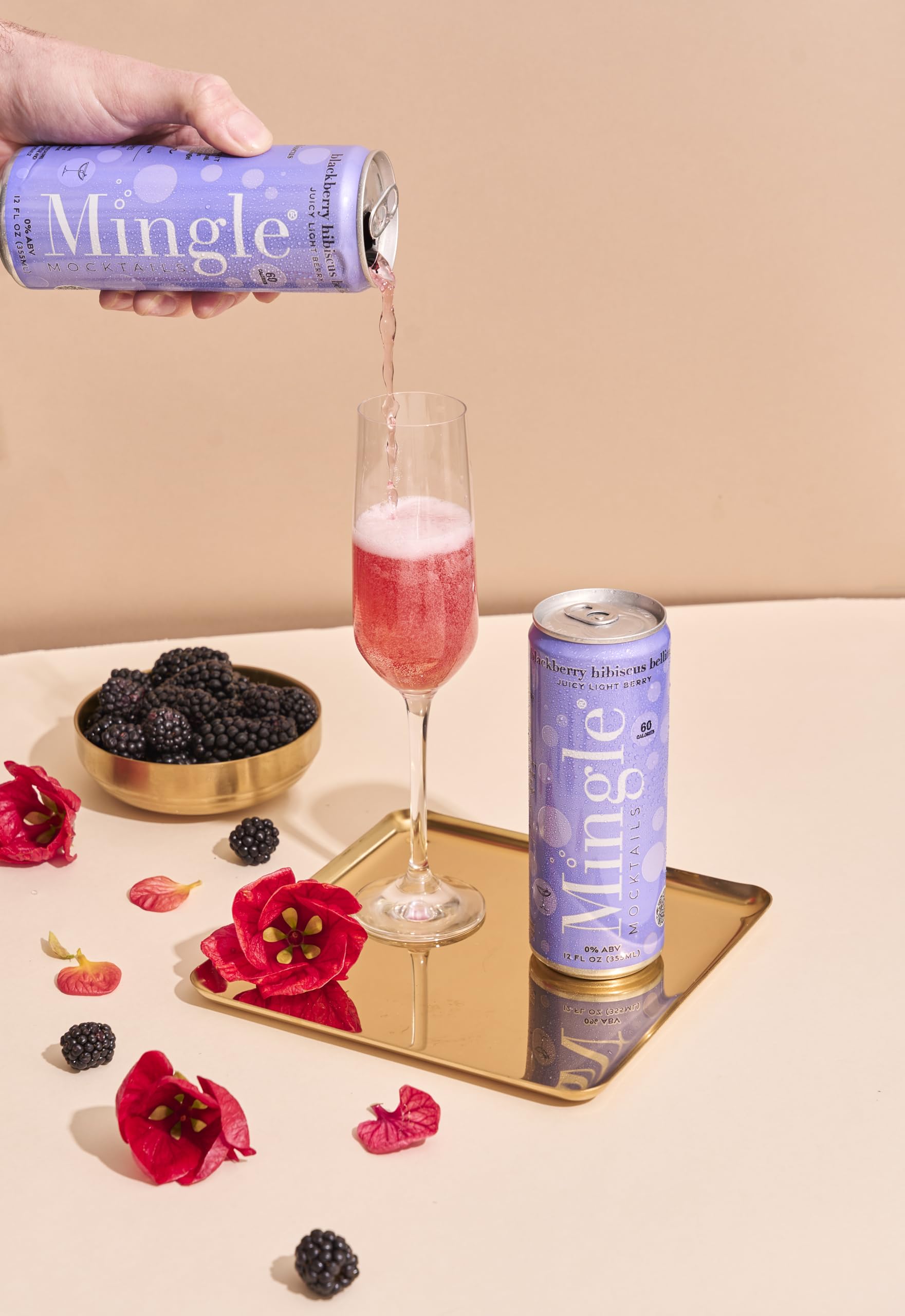 Mingle Mocktails Blackberry Hibiscus Bellini Non Alcoholic Drinks, Alcohol Alternative Pre-Mixed Drinks with Real Juice, Canned Mocktails or Cocktail