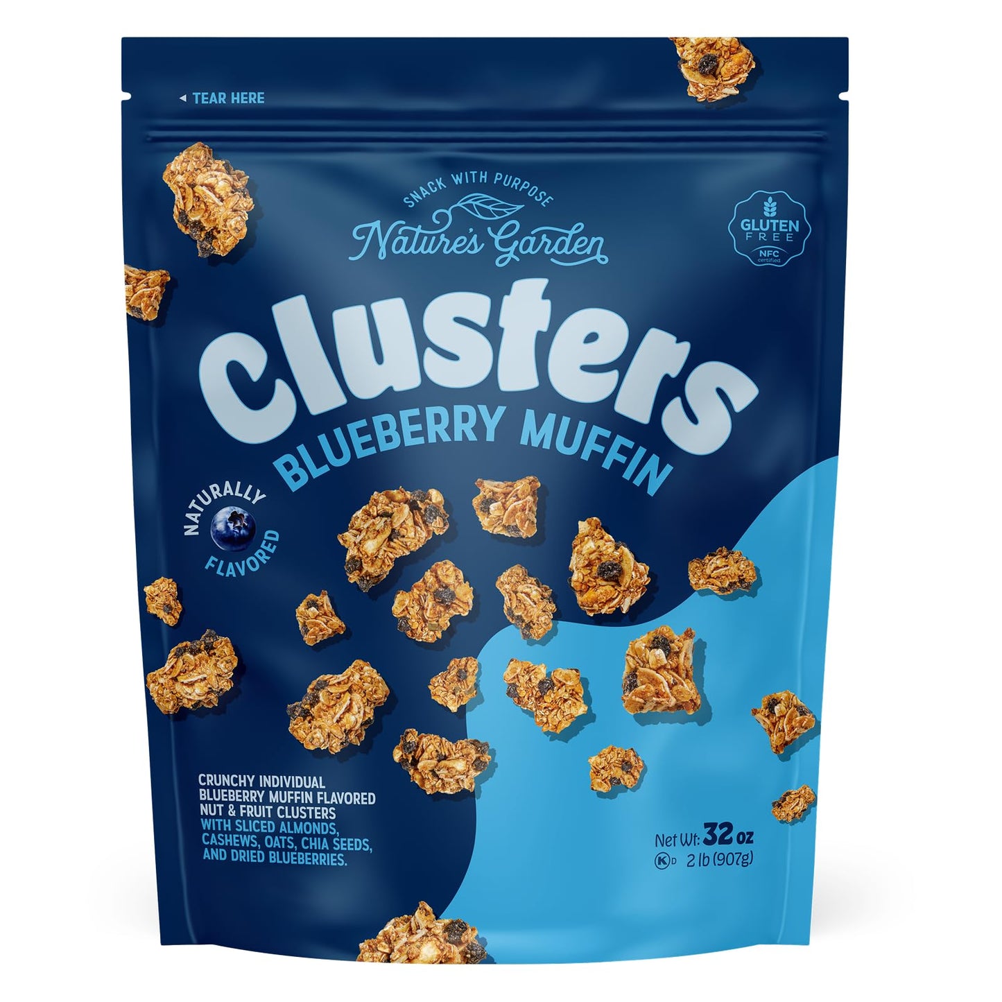Nature’s Garden Blueberry Muffin Clusters, 32oz Pouch - Big Chunky Nut & Oat Bites with Cashews, Almonds, Chia & Real Blueberries - Gluten-Free