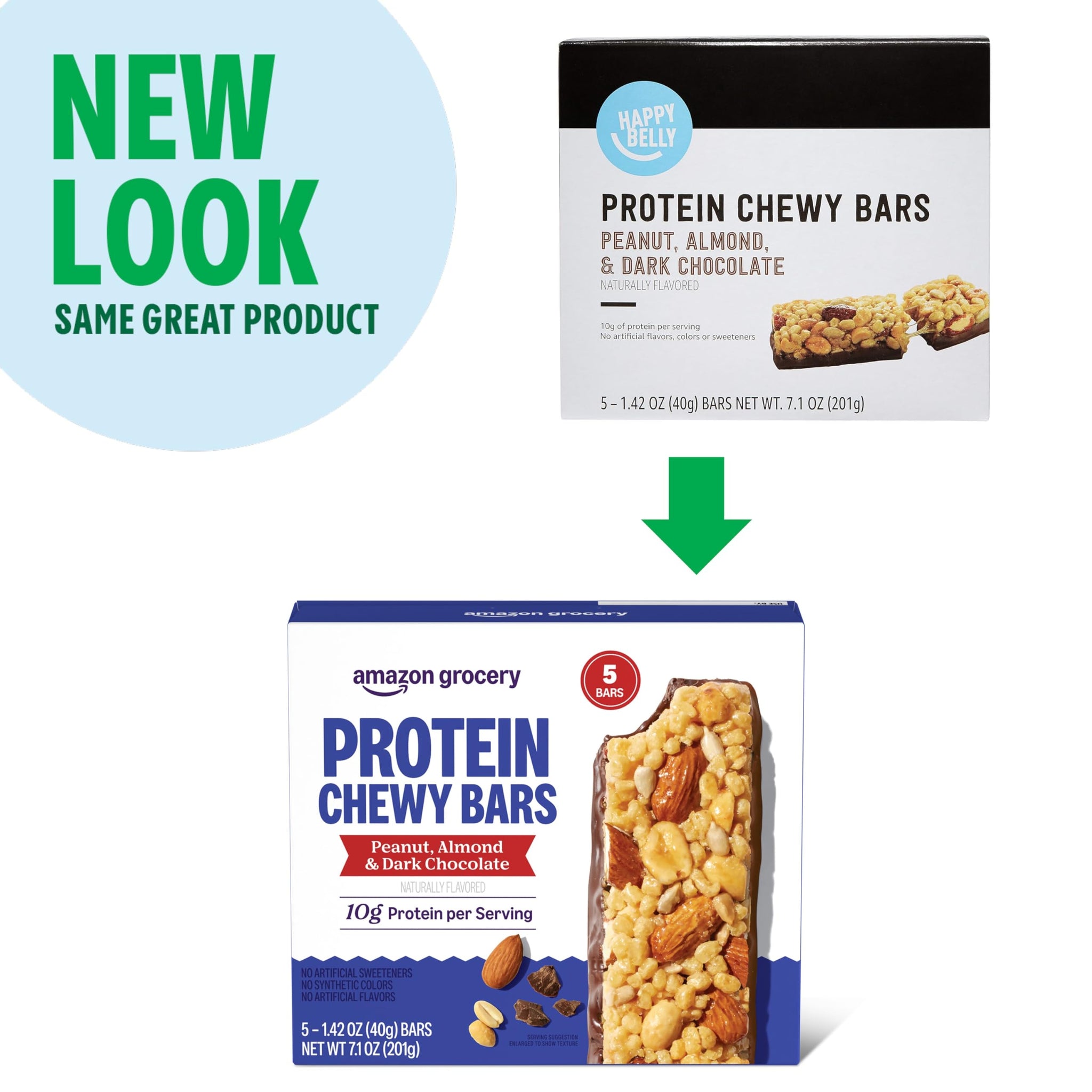 Amazon Grocery, Protein Chewy Bars, Peanut, Almond & Dark Chocolate Flavor, 7.1 oz, 5 ct (Previously Happy Belly, Packaging May Vary)