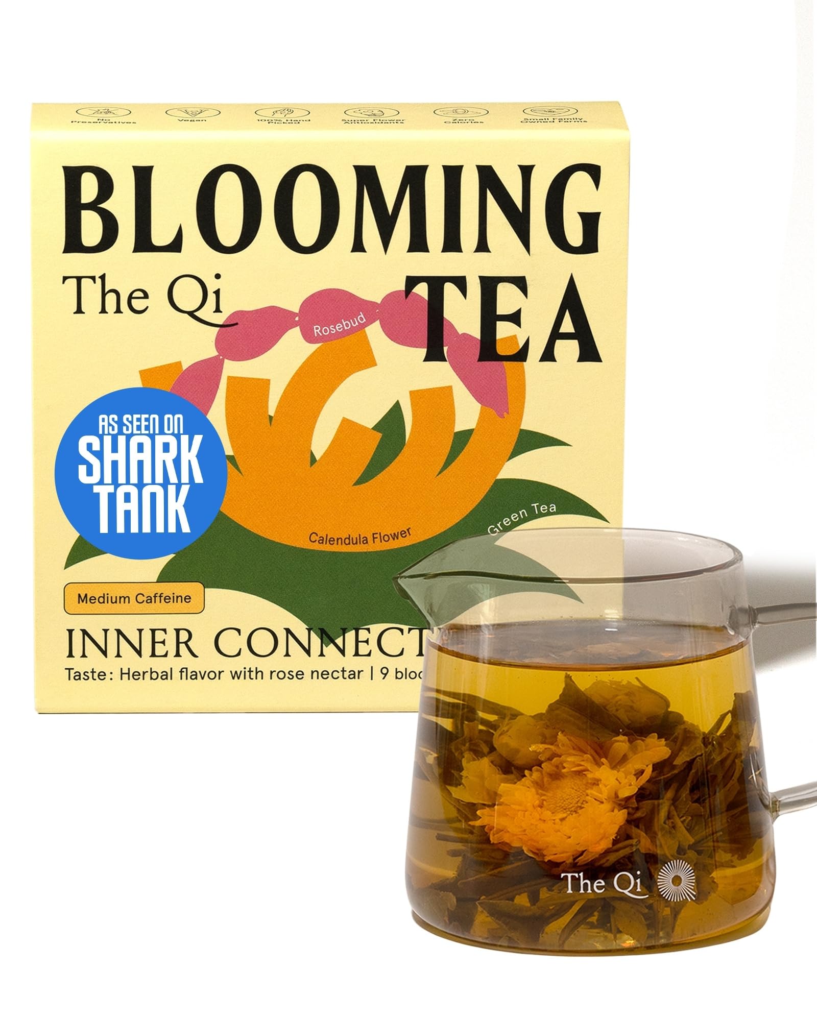 The-Qi Inner Connection Calendula & Rose Blooming Flower w/Green Tea - 9 Pcs Handpicked All Natural Blooming Flower Tea - Gift Set for Inner Calm