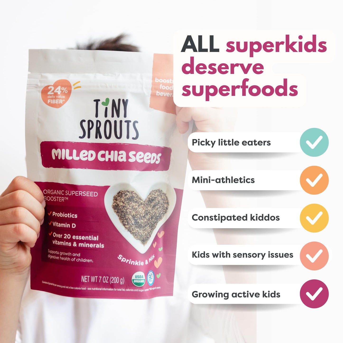 Tiny Sprouts Organic Milled Chia Seeds + Full Serving Probiotic with Vitamin D3 - Kids Superfood Nutrition Booster I Plant-Based Omega-3, Prebiotic
