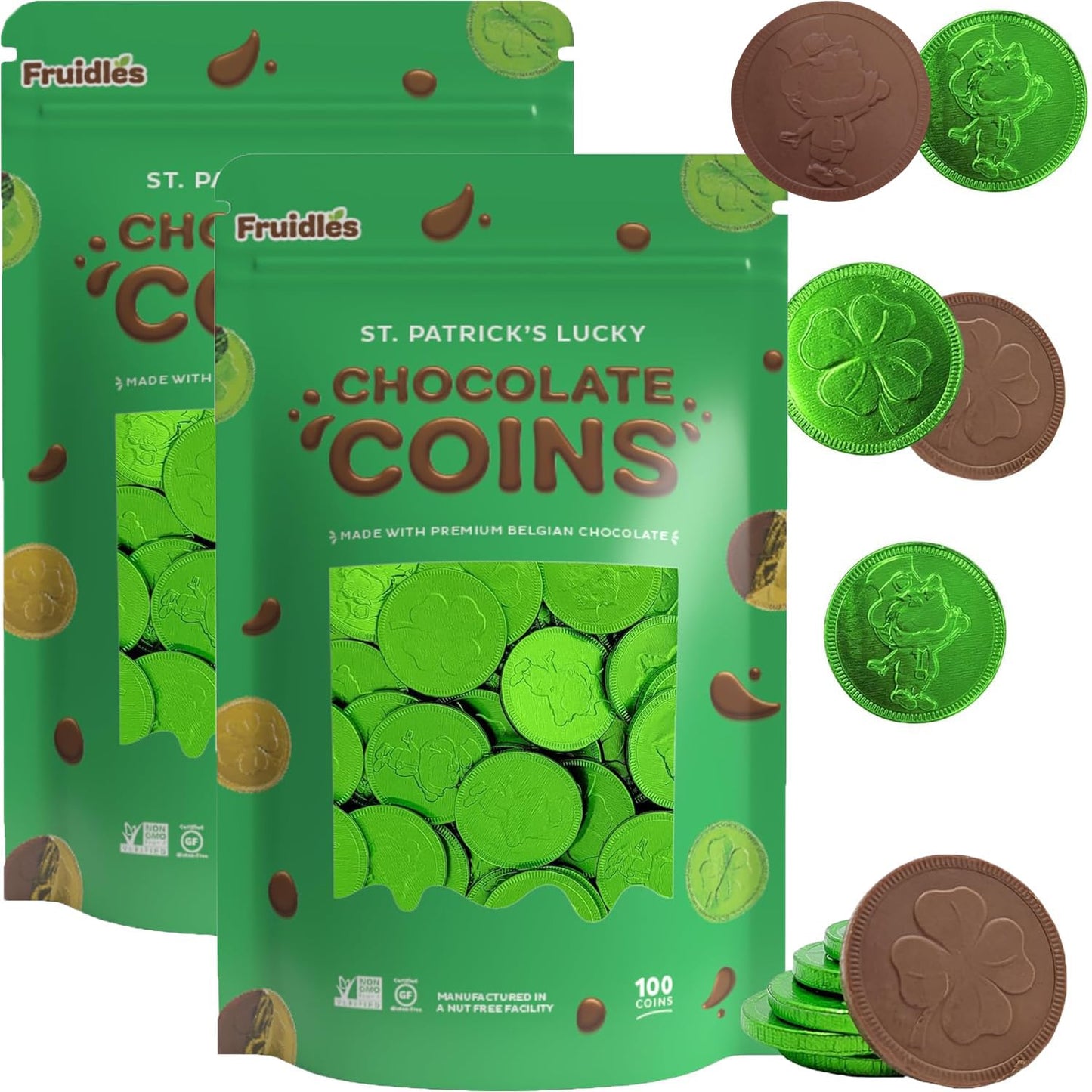 Fruidles Pack of 200 Saint Patrick's Day Clover Shamrock Leprechaun Chocolate Green Coins, Premium Belgian Nut-Free Milk Chocolate, Kosher (Pack