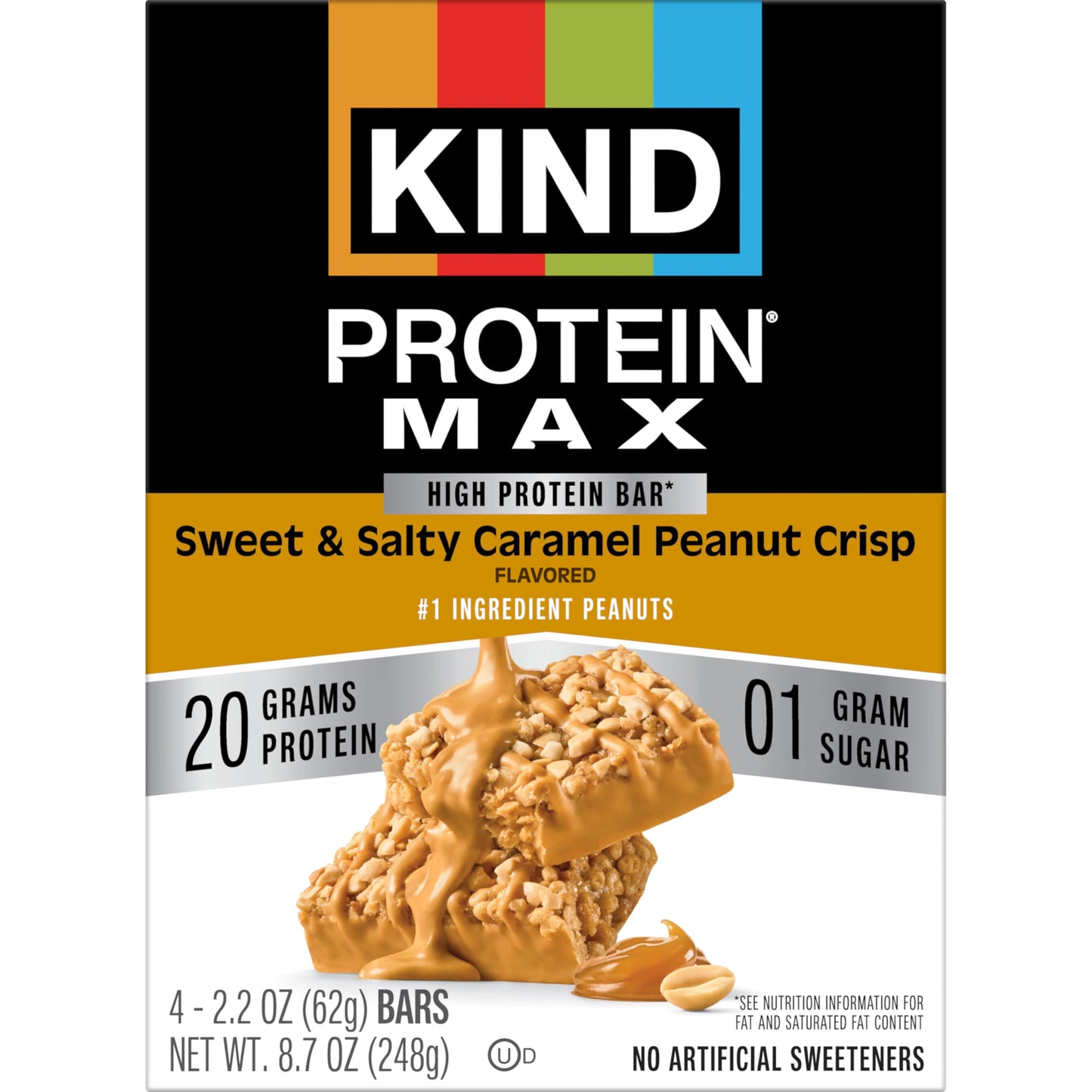 KIND Protein MAX Bars, Sweet & Salty Caramel Peanut Crisp, Gluten Free, Low Sugar, High Fiber Snacks, 20g Protein, 4 Count