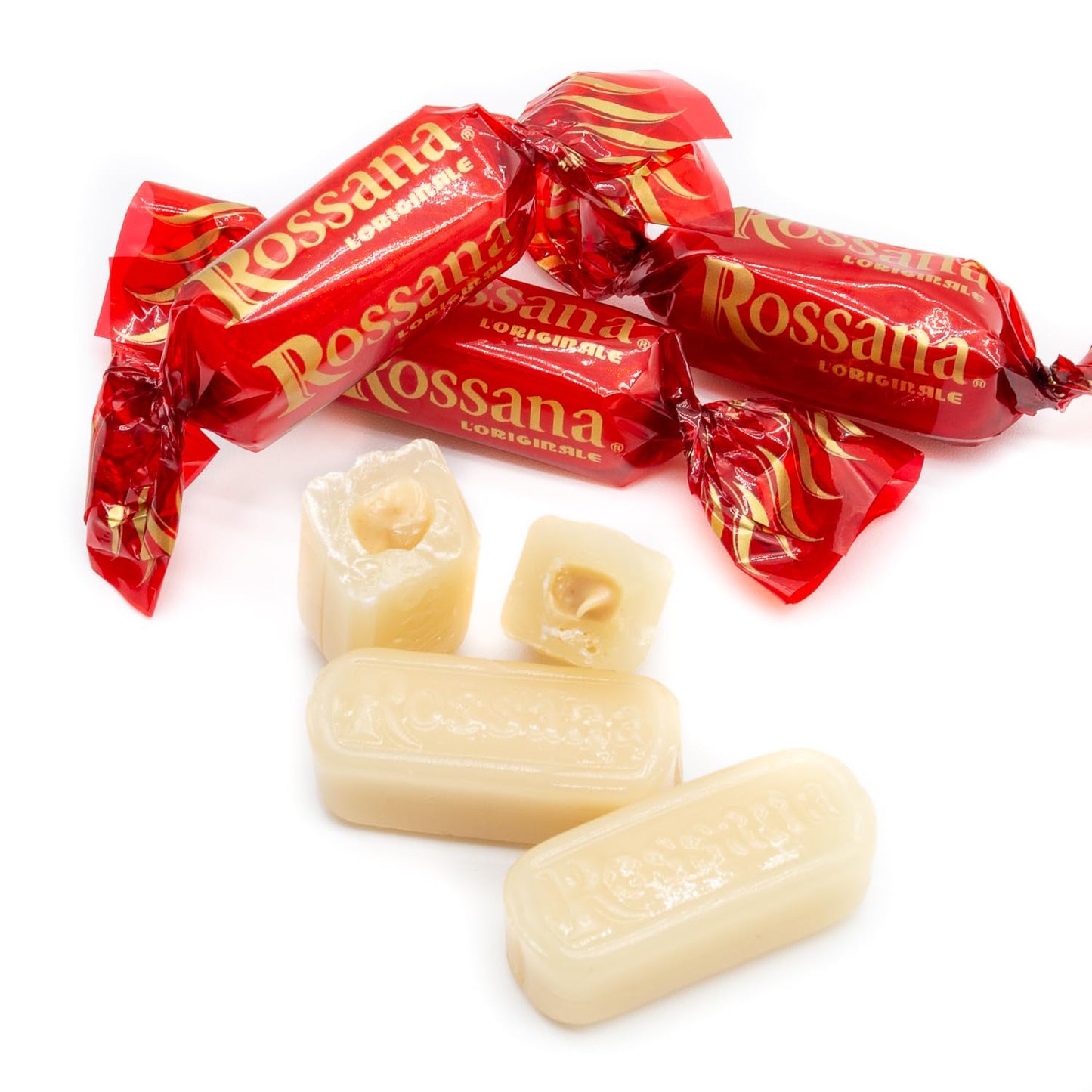 Rossana Italian Candy 1 lb | Real Almonds and Hazelnuts | Hard Shell with Creamy Filling, Individually Wrapped, Resealable Bag, Gluten Free
