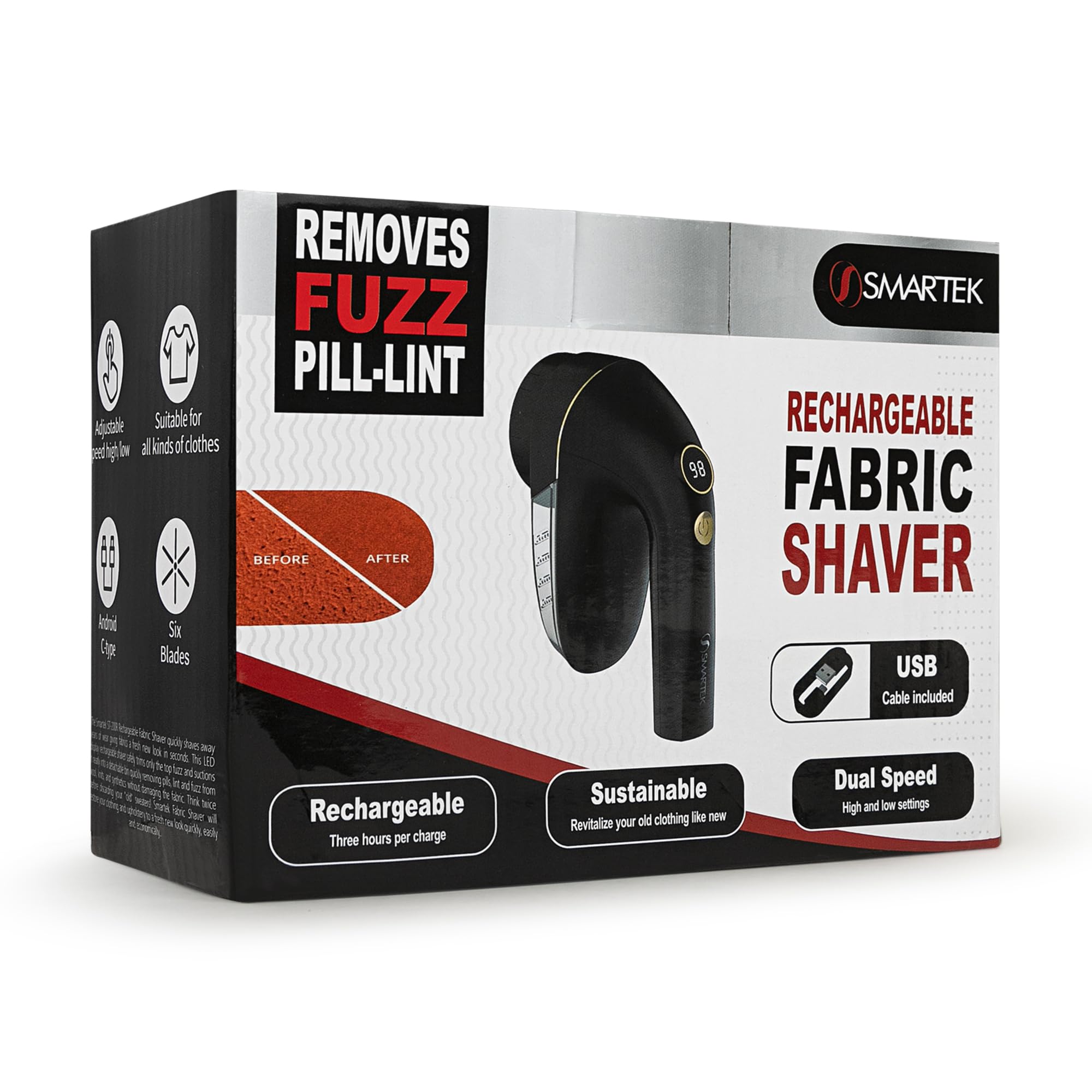 Smartek Rechargeable - Fabric Shaver for Clothes - Lasts for Hours Between Charges - 2-Speeds with High and Low Lint Shaving Modes - Built-in LED