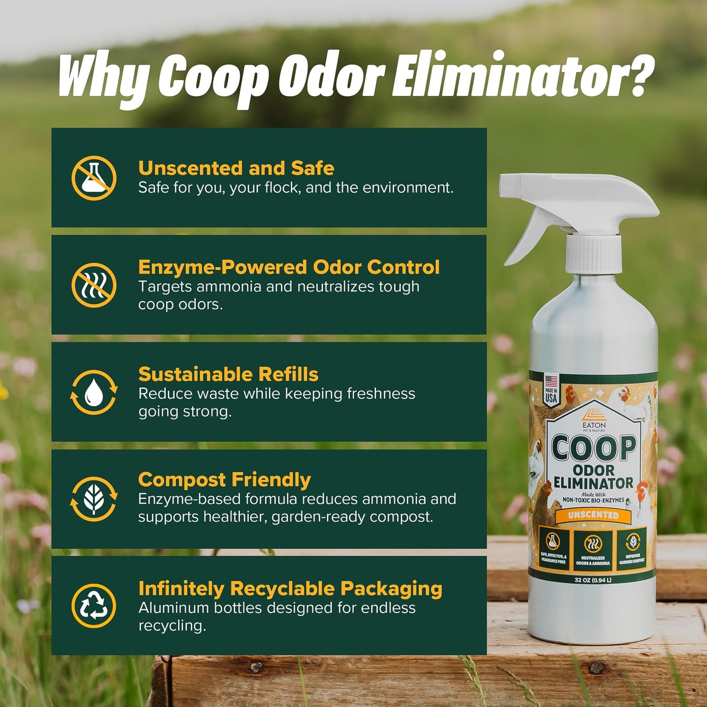 Eaton Pet and Pasture Coop Odor Eliminator Spray- All-Natural, Unscented Enzyme-Based Formula for Poultry | Neutralizes Ammonia, Supports Composting |