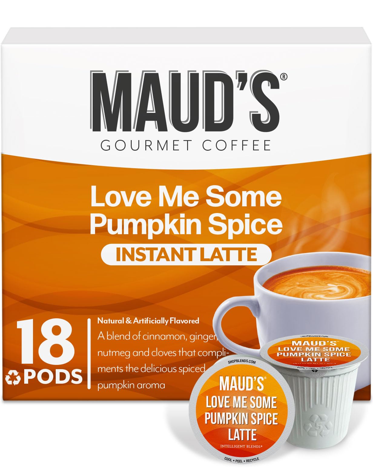 Maud's Pumpkin Spice Latte Flavored Coffee Pods, 18 ct, Medium Roast Flavored Coffee in Single Serve Pods - 100% Arabica Beans, Compatible with Keurig