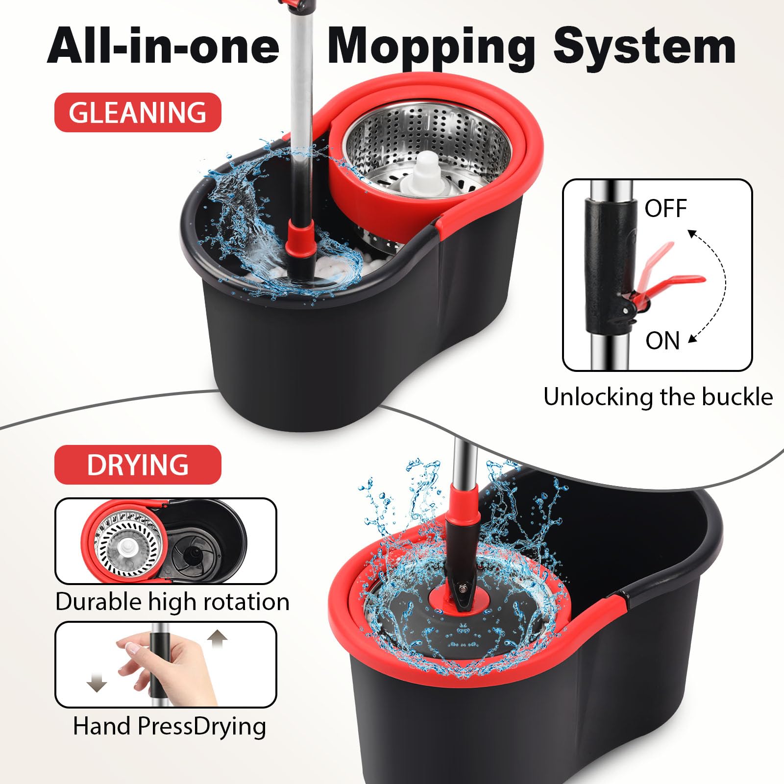 Spin Mop and Bucket, Mop and Bucket with Wringer Set for Home, 360 Spinning Mop Bucket Floor Cleaning Tool with One Microfiber Mop Replacement Head