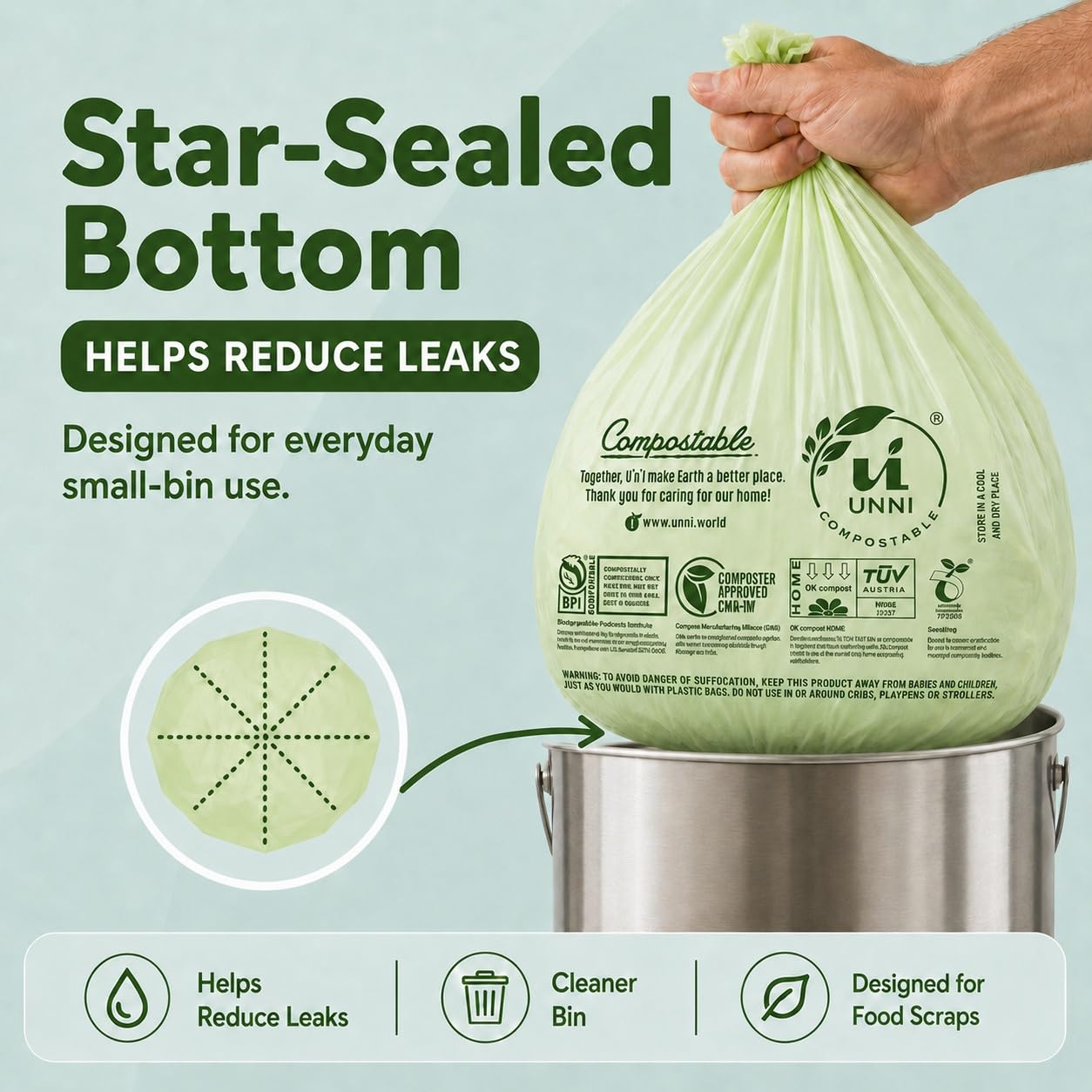 UNNI Compostable Trash Bags, 2.6 Gallon / 9.84 Liter, 100 Count, Extra Thick 0.71 Mil Small Kitchen Food Scrap Bin Liners, Certified by BPI, CMA & OK