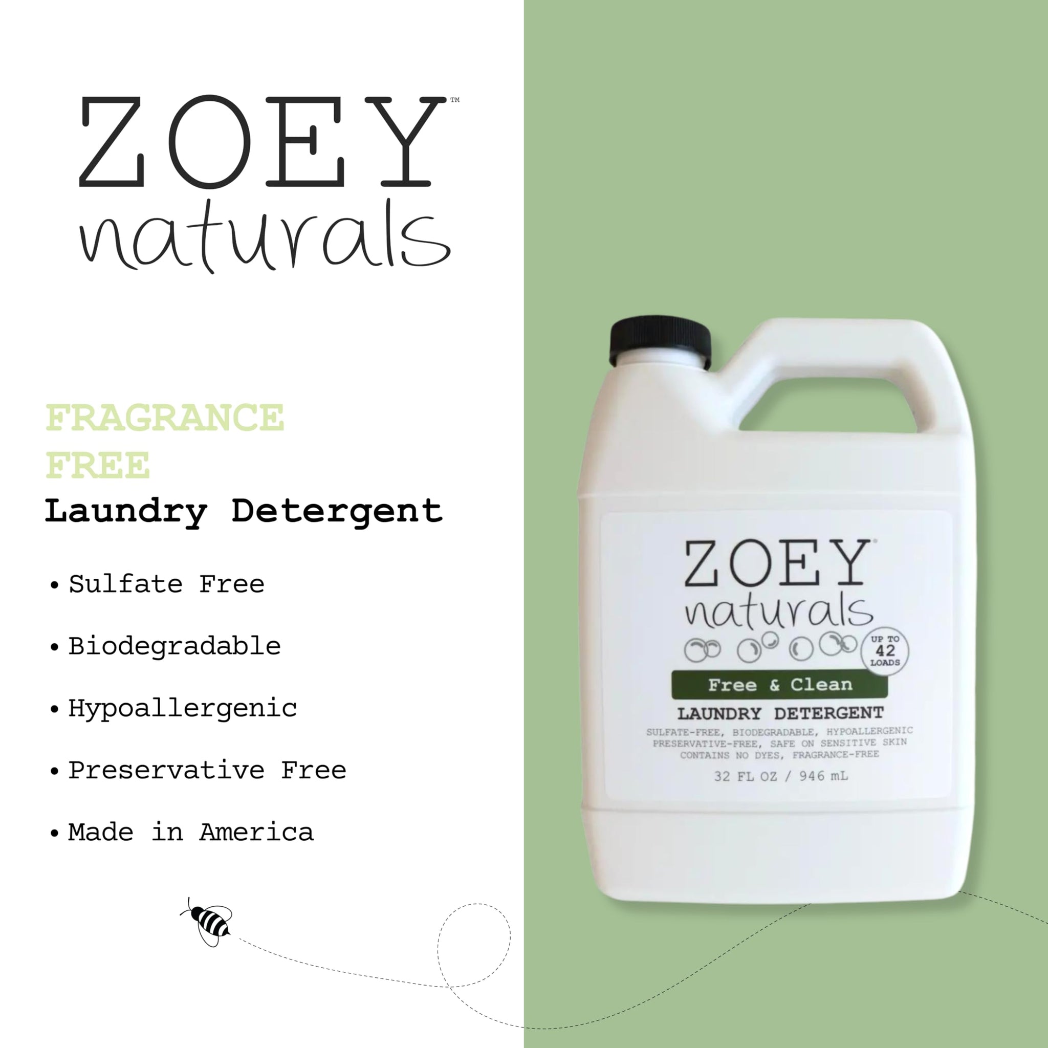 Zoey Naturals - Baby Laundry Detergent, Free & Clean - Hypoallergenic Plant-Based Liquid for Sensitive Skin - Sulfate, Dye & Fragrance Free