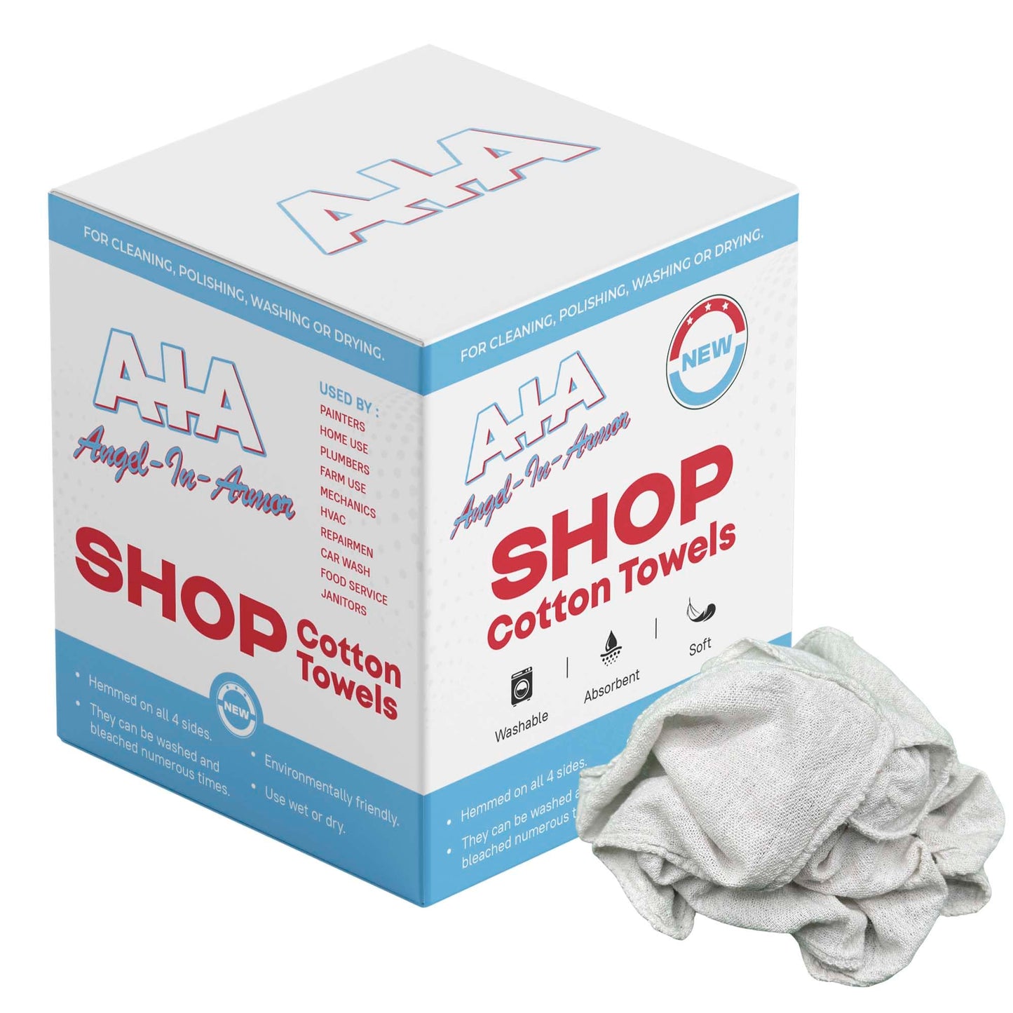 Angel-in-Armor Shop Towels (14”x14”) - 500 Unit Box of Lint-Free Cotton Shop Towel Cleaning Rags - Durable Shop Rags for Auto, Garage, Industrial