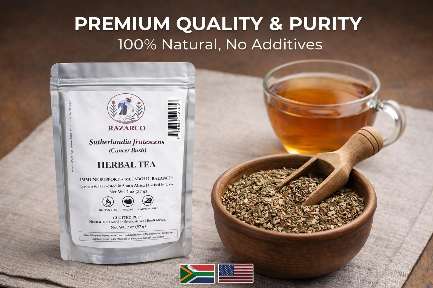 RAZARCO Sutherlandia Herbal Tea - Immune Support & Stress Relief, Caffeine-Free Loose Leaf, South African Wellness Blend, Non-GMO, 2oz (28 Servings)
