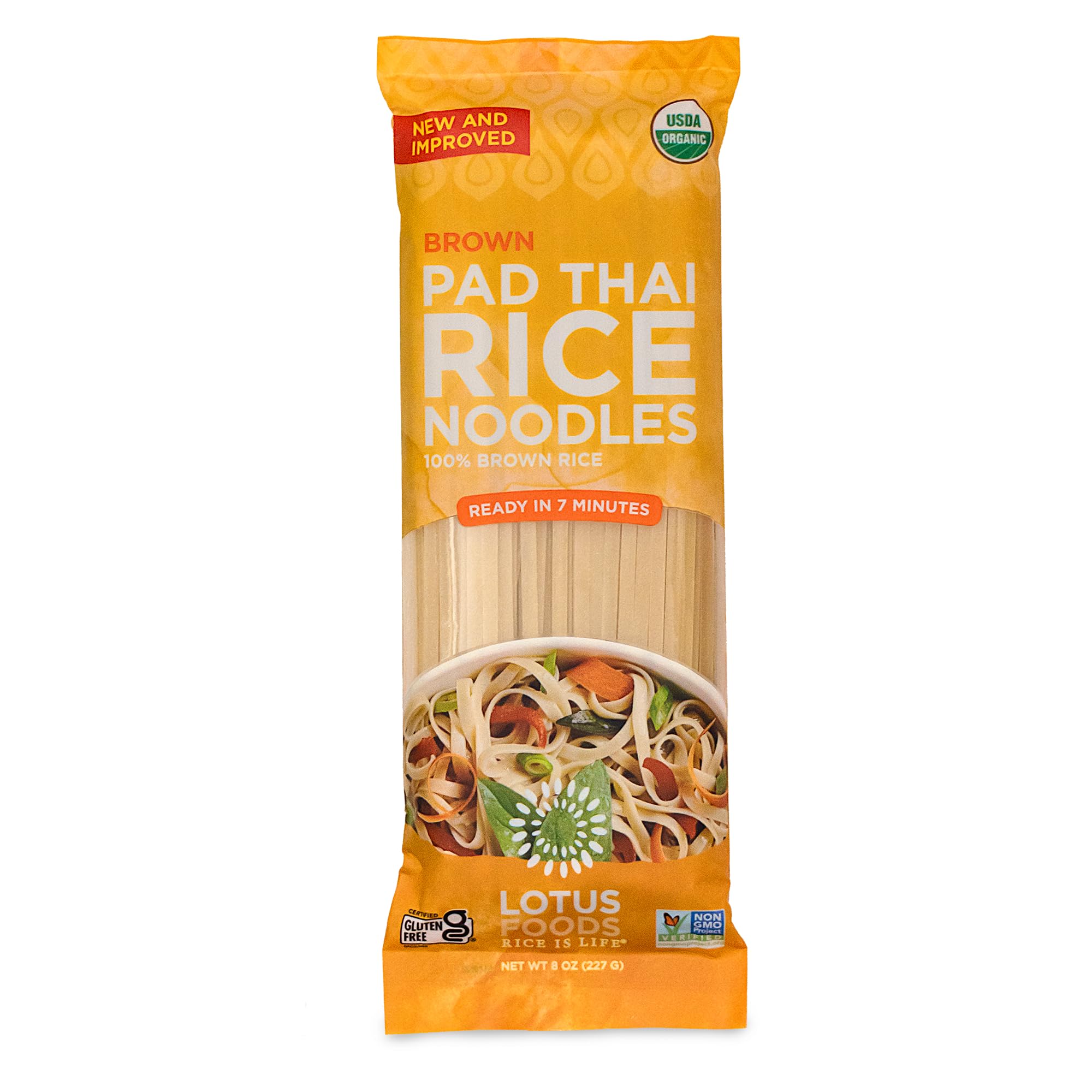 Lotus Foods Organic Brown Rice Pad Thai Noodles - Asian Style Noodles for Stir Fry, Gluten Free, Vegan, Whole Grain, Non GMO, Serve Hot or Cold - 8 Oz