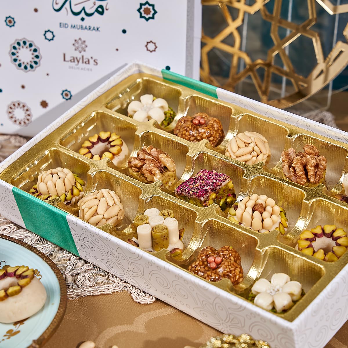 Layla’s Delicacies Mediterranean Treats Gift Box for Eid Mubarak - Handmade Healthy Mixed Nutty Flavors Pastries - Halal, Vegetarian, Gluten Free - 15