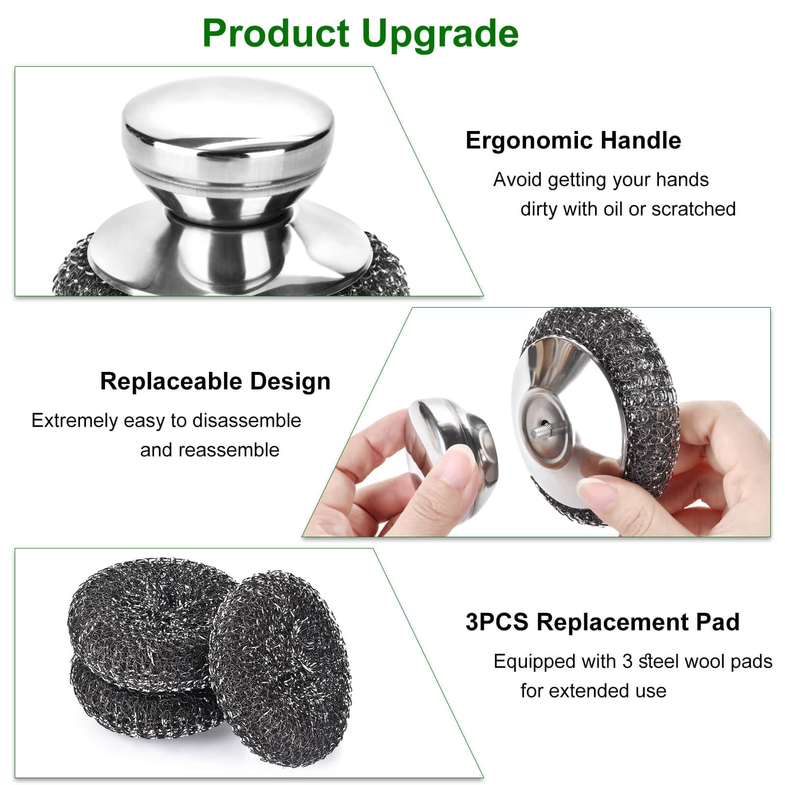 4PCS Steel Wool Scrubber Pads, Stainless Steel Scrubber Set with 3Pcs Steel Wool Pads, Steel Scrubber for Dishes, Ideal for Cleaning Cast Iron, Pots